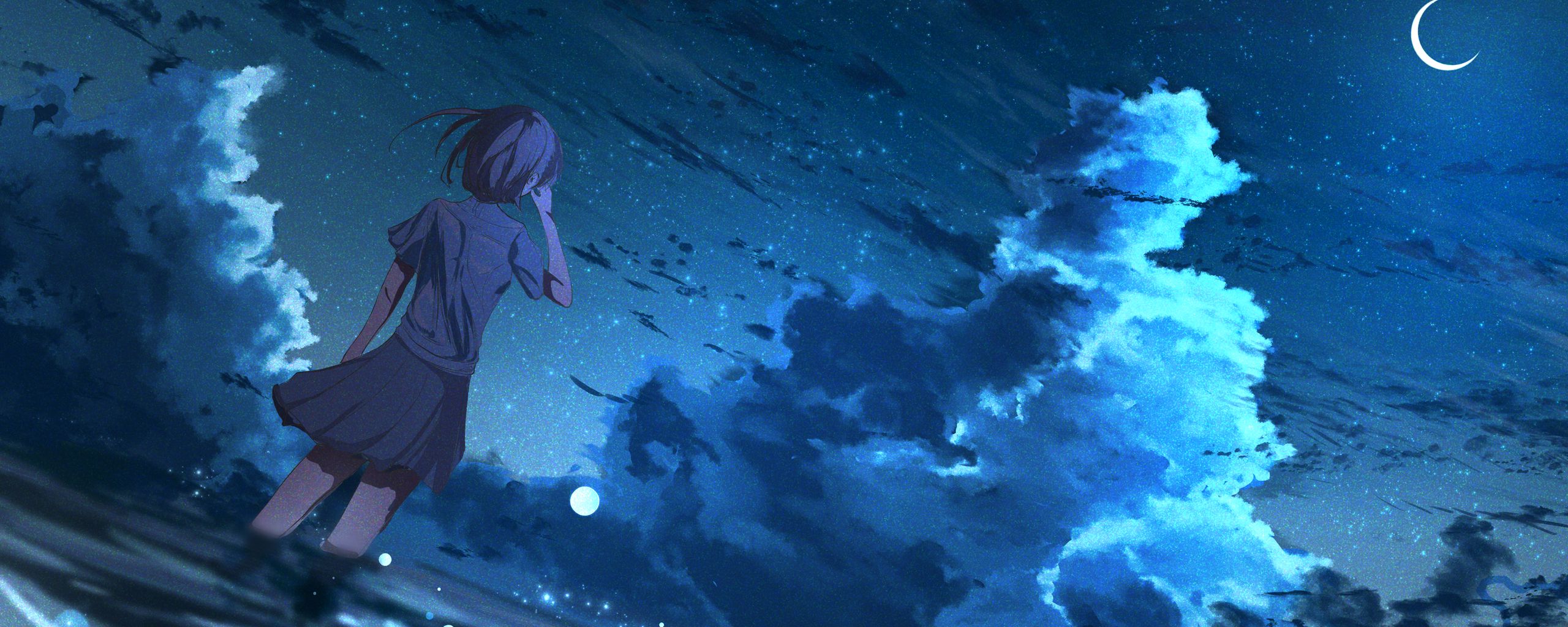 Download wallpaper 2560x1024 girl, anime, wind, night, stars, art ultrawide monitor HD background