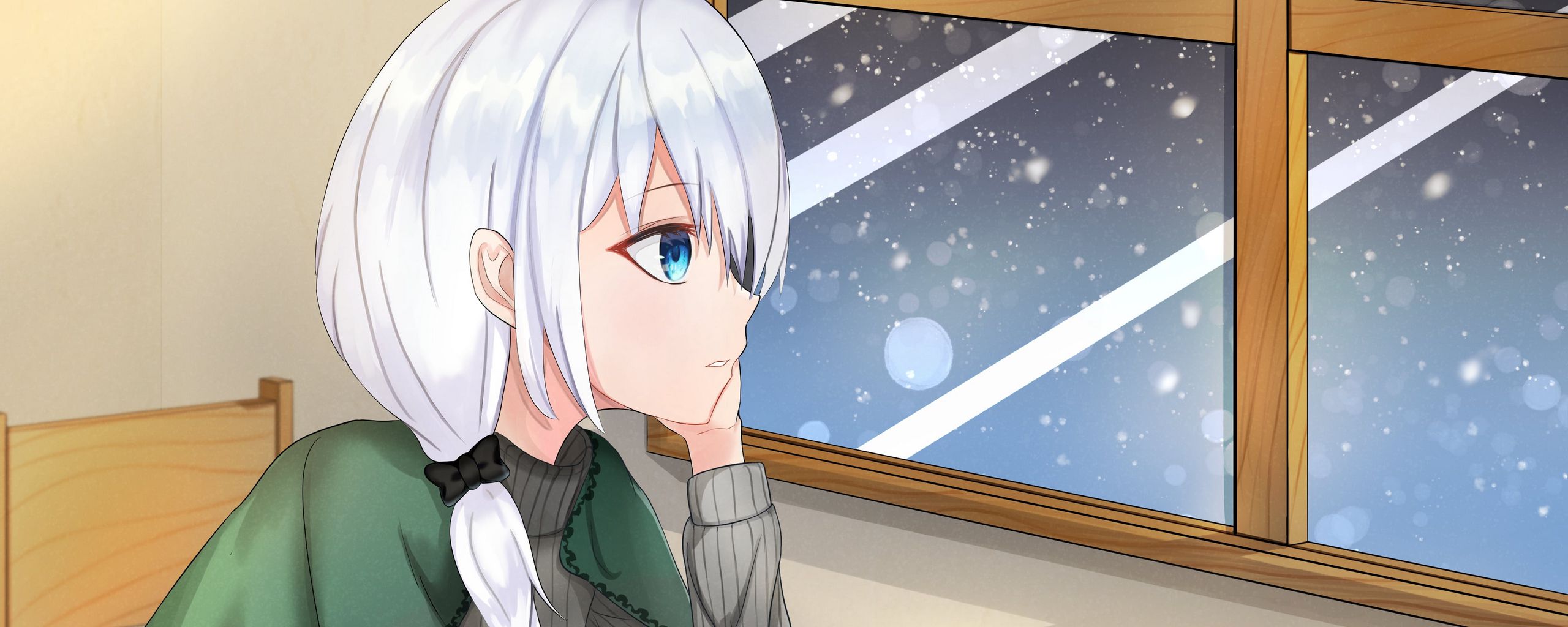 Download wallpaper 2560x1024 girl, glance, window, snow, winter, cozy, anime ultrawide monitor HD background