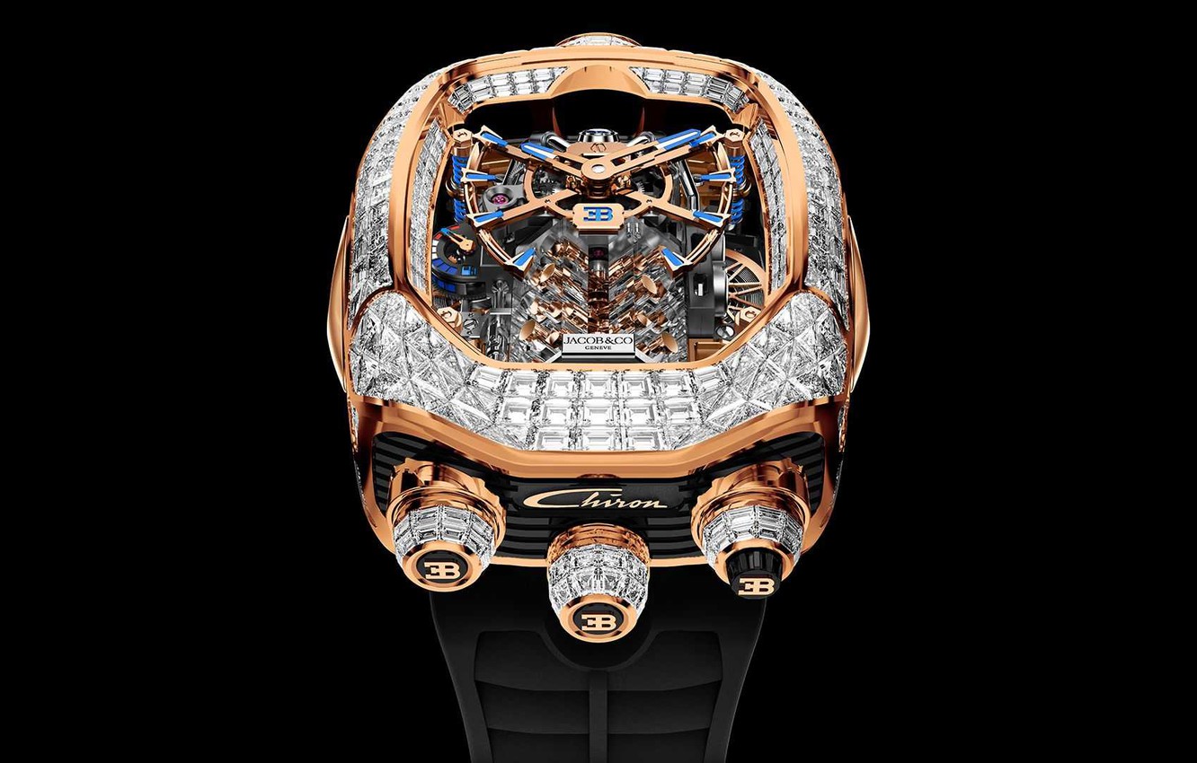 Wallpaper gold, Bugatti, diamonds, dial, black background, luxury, luxury, diamonds, Jacob & Co, Bugatti Chiron Tourbillon image for desktop, section стиль