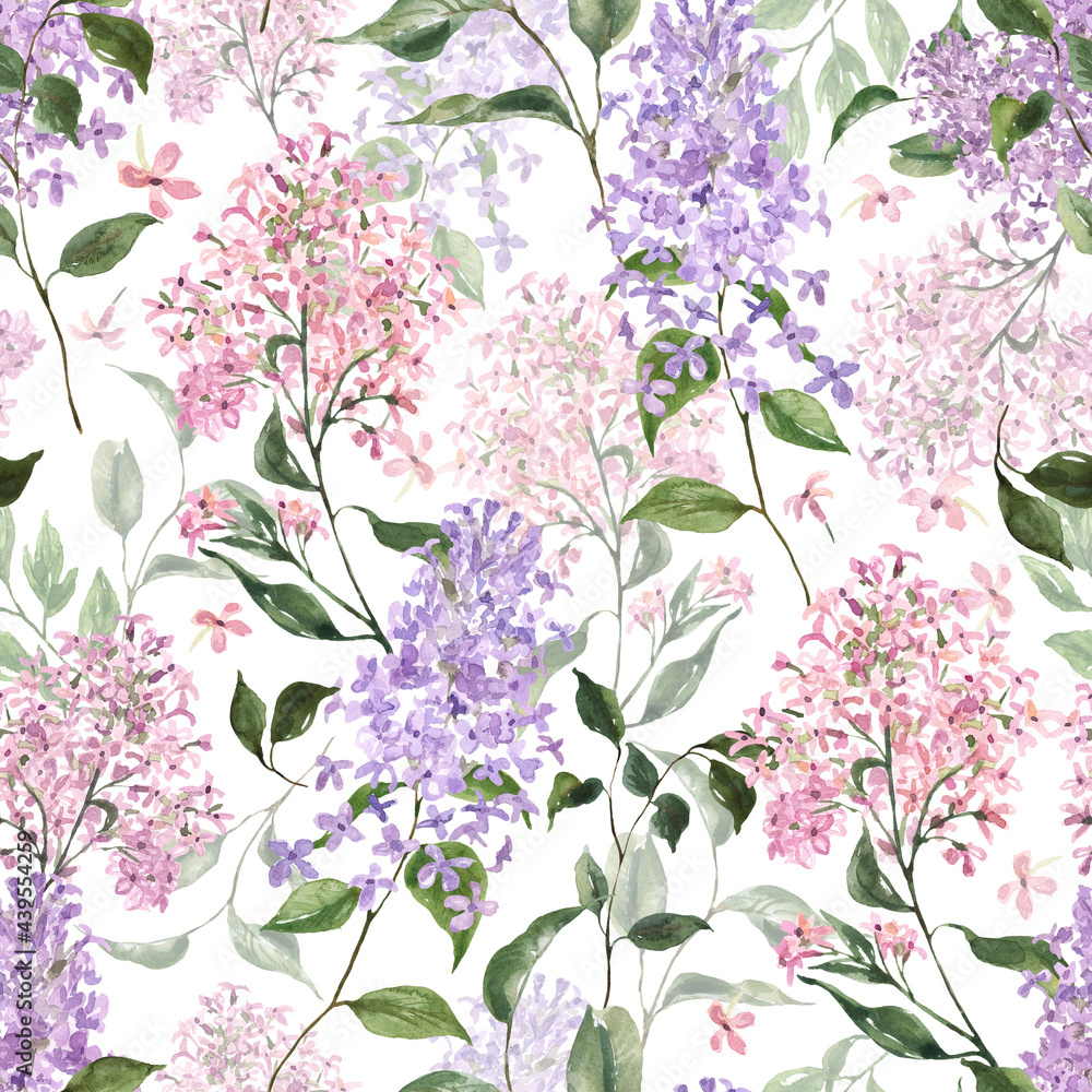Beautiful lilacs seamless pattern. Pastel pink, violet and purple watercolor lilac flowers and green leaves on white background. Botanical print. Stock Illustration