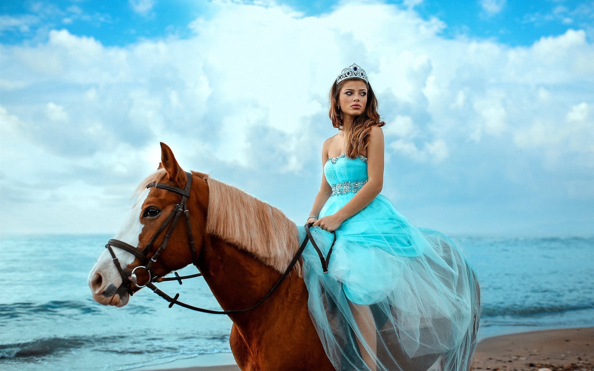 Wallpaper Blue skirt girl riding horse, sea, sky, clouds 1920x1200 HD Picture, Image