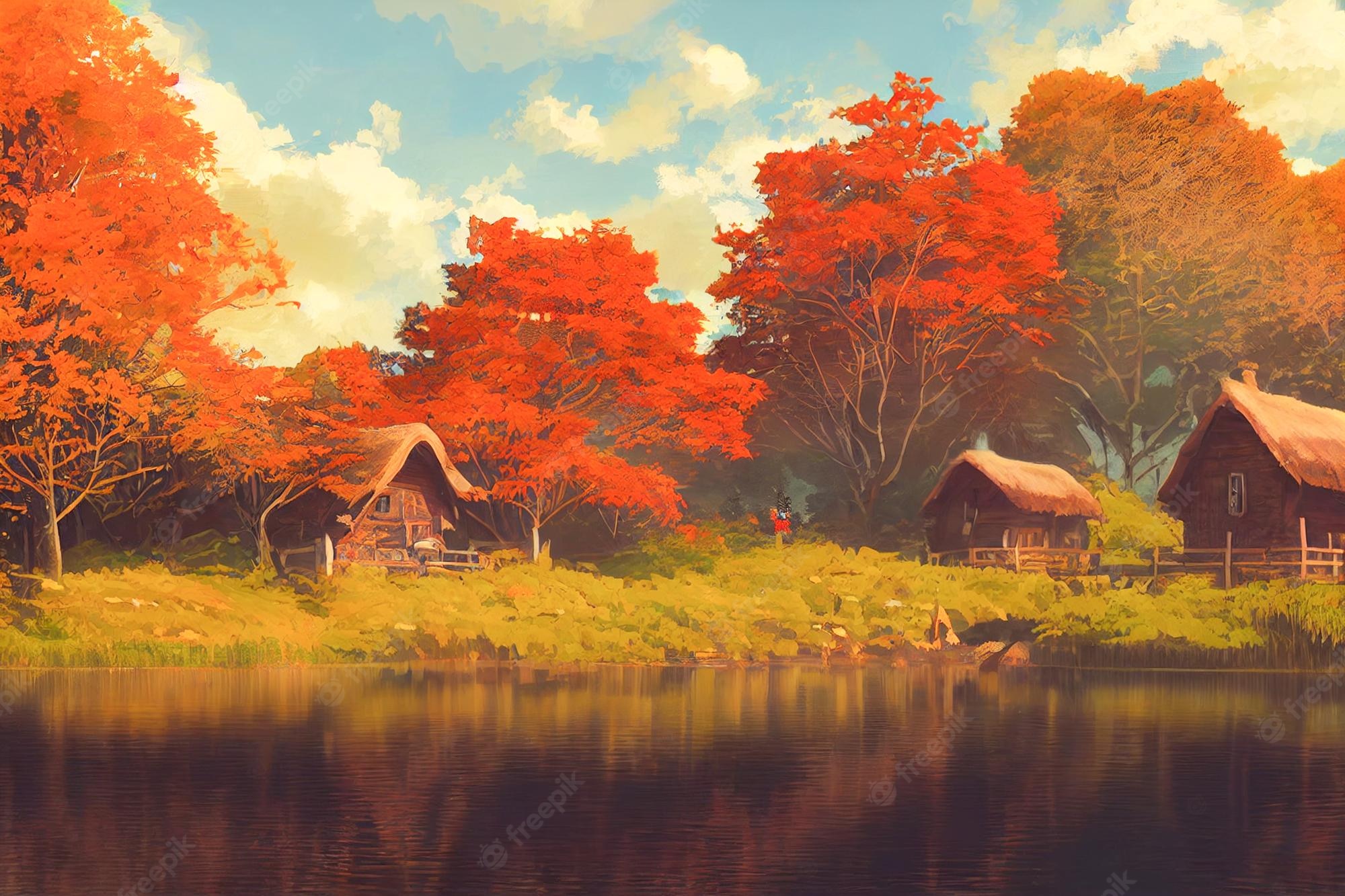 Premium Photod render digital painting of cabin near a river in the redwood forest