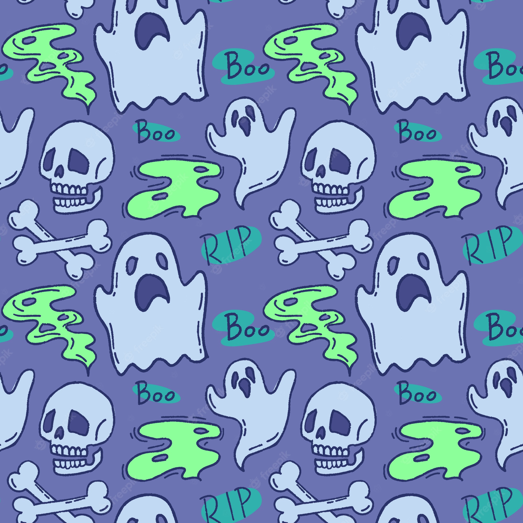 Premium Vector. Halloween pattern. ghost and skull on a blue background