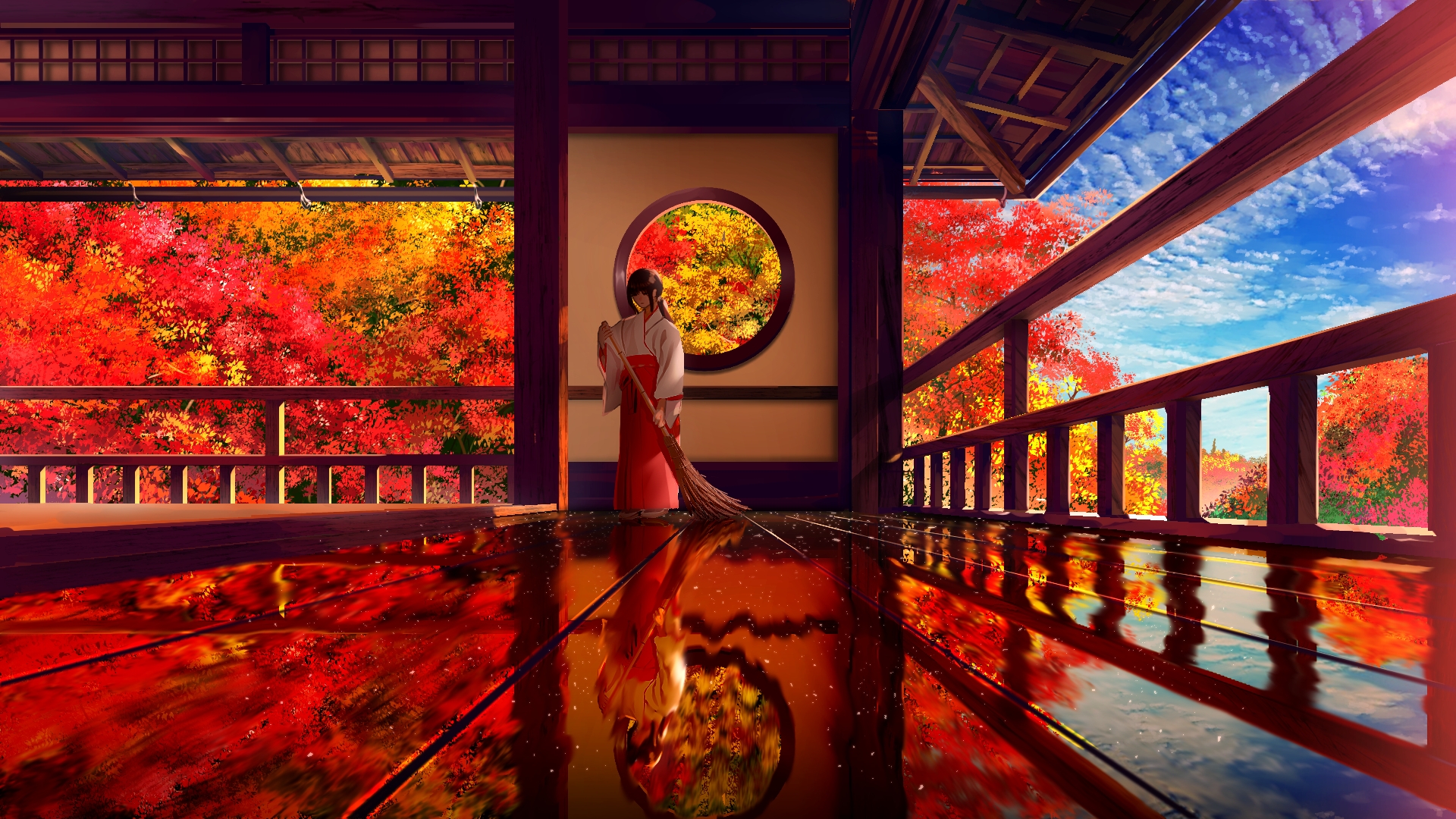 Download 1920x1080 Traditional Japanese Building, Miko, Anime Girl, Autumn, Fall Wallpaper for Widescreen