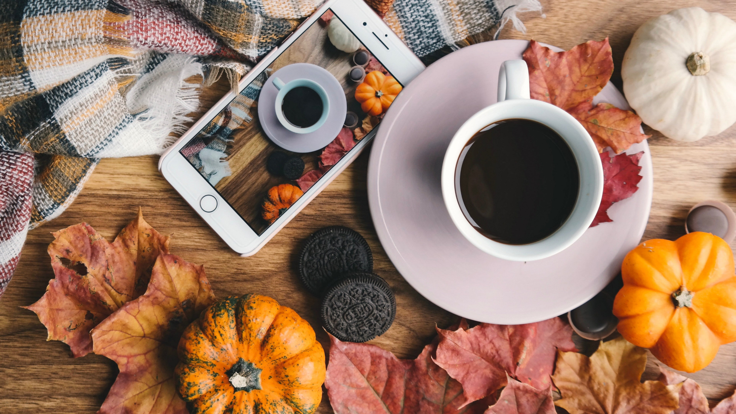 Download wallpaper: Autumn, coffee, pumpkins, leaves 2560x1440
