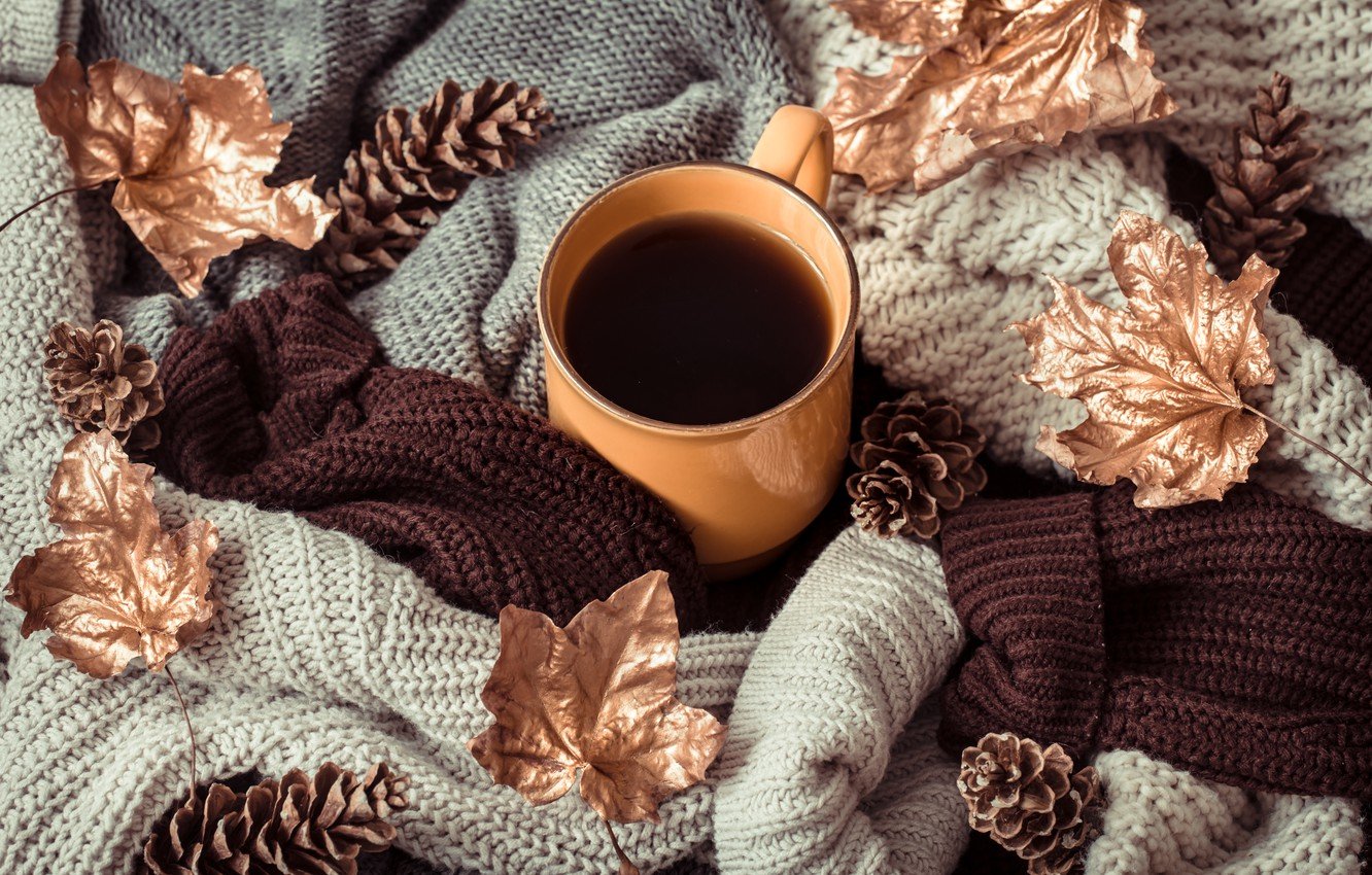Wallpaper autumn, leaves, wool, autumn, leaves, sweater, coffee cup, a Cup of coffee image for desktop, section настроения
