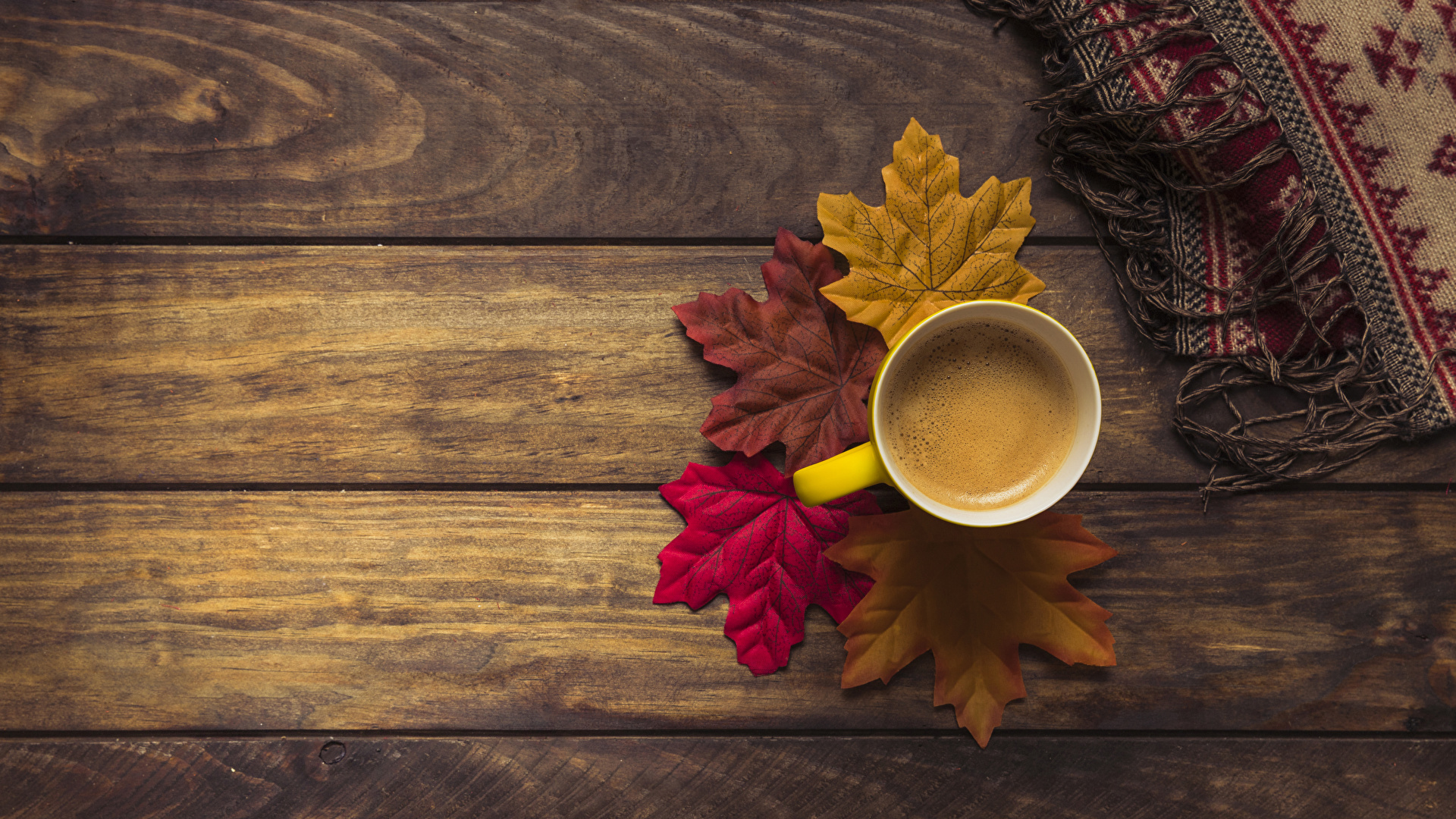 Picture Foliage Autumn Coffee Cup Food Wood planks 1920x1080