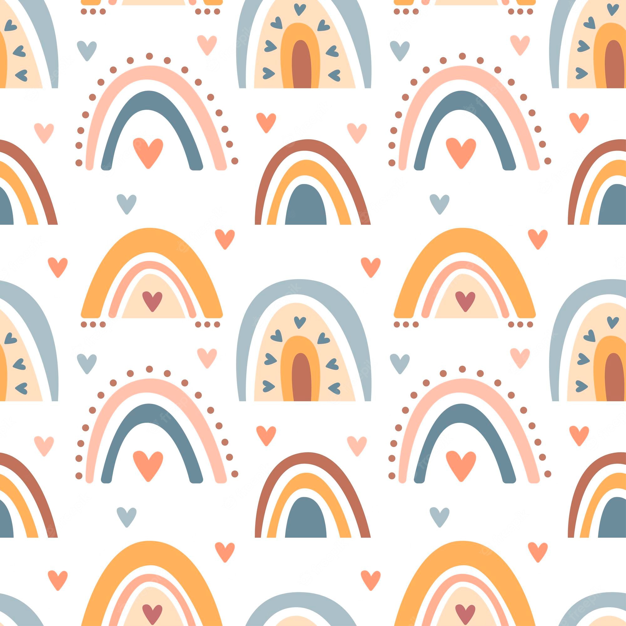 Premium Vector. Hand drawn seamless pattern of cute boho rainbows pastel color isolated on white background. vector flat illustration. design for baby textile, wallpaper, wrapping, backdrop