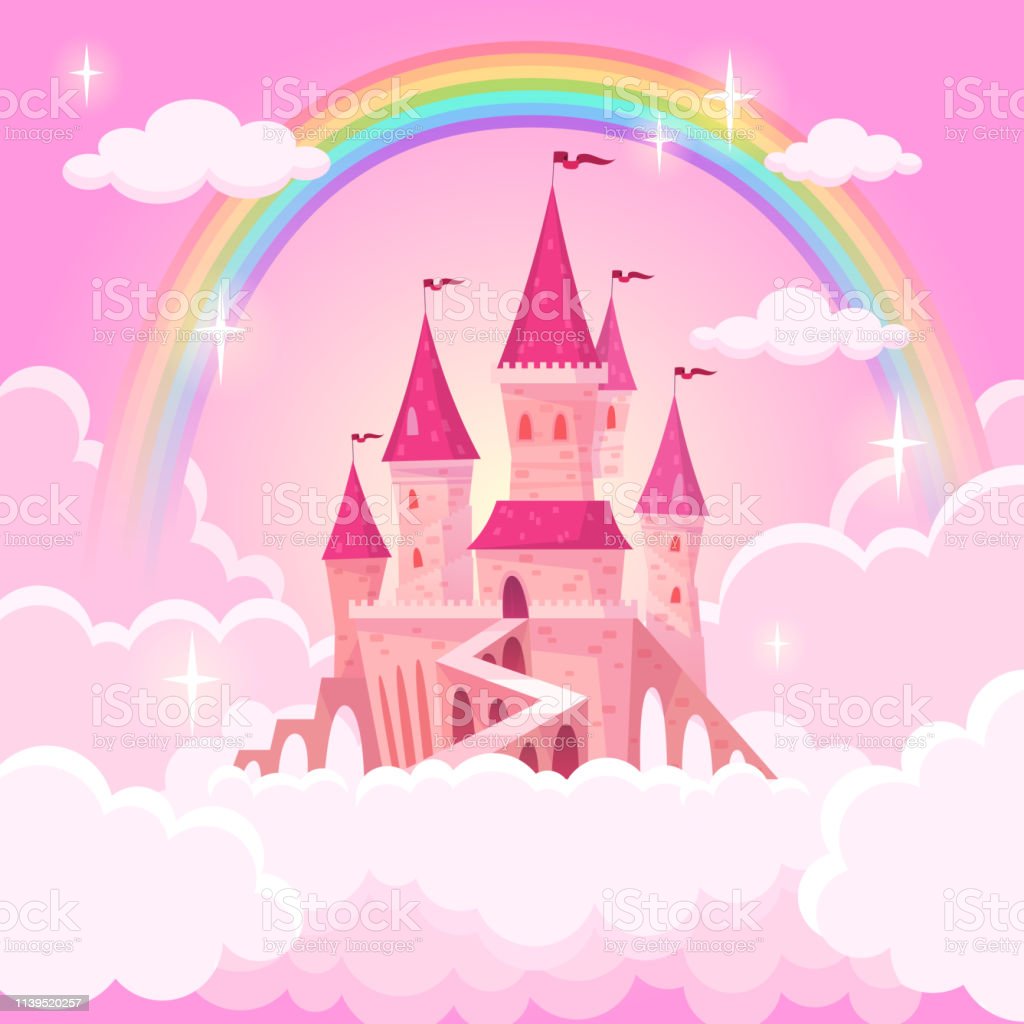 Castle Of Princess Fantasy Flying Palace In Pink Magic Clouds Fairytale Royal Medieval Heaven Palace Cartoon Vector Illustration Stock Illustration Image Now