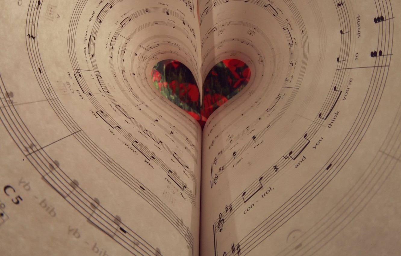 Wallpaper notes, heart, music image for desktop, section музыка