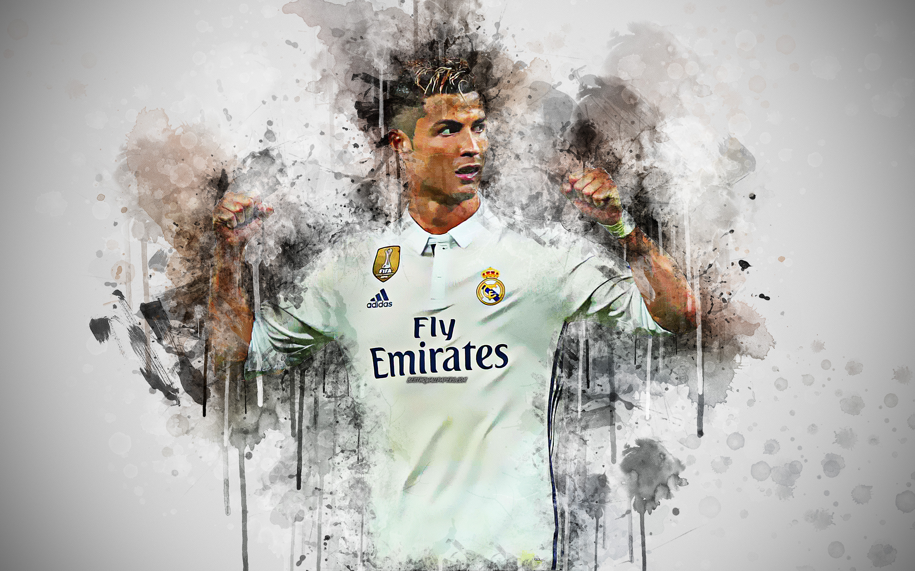 Download wallpaper Cristiano Ronaldo, 4k, Portuguese footballer, face, art, creative portrait, bright colorful splashes, paint art, white grunge background, Real Madrid, La Liga, Spain, football for desktop with resolution 3840x2400. High Quality