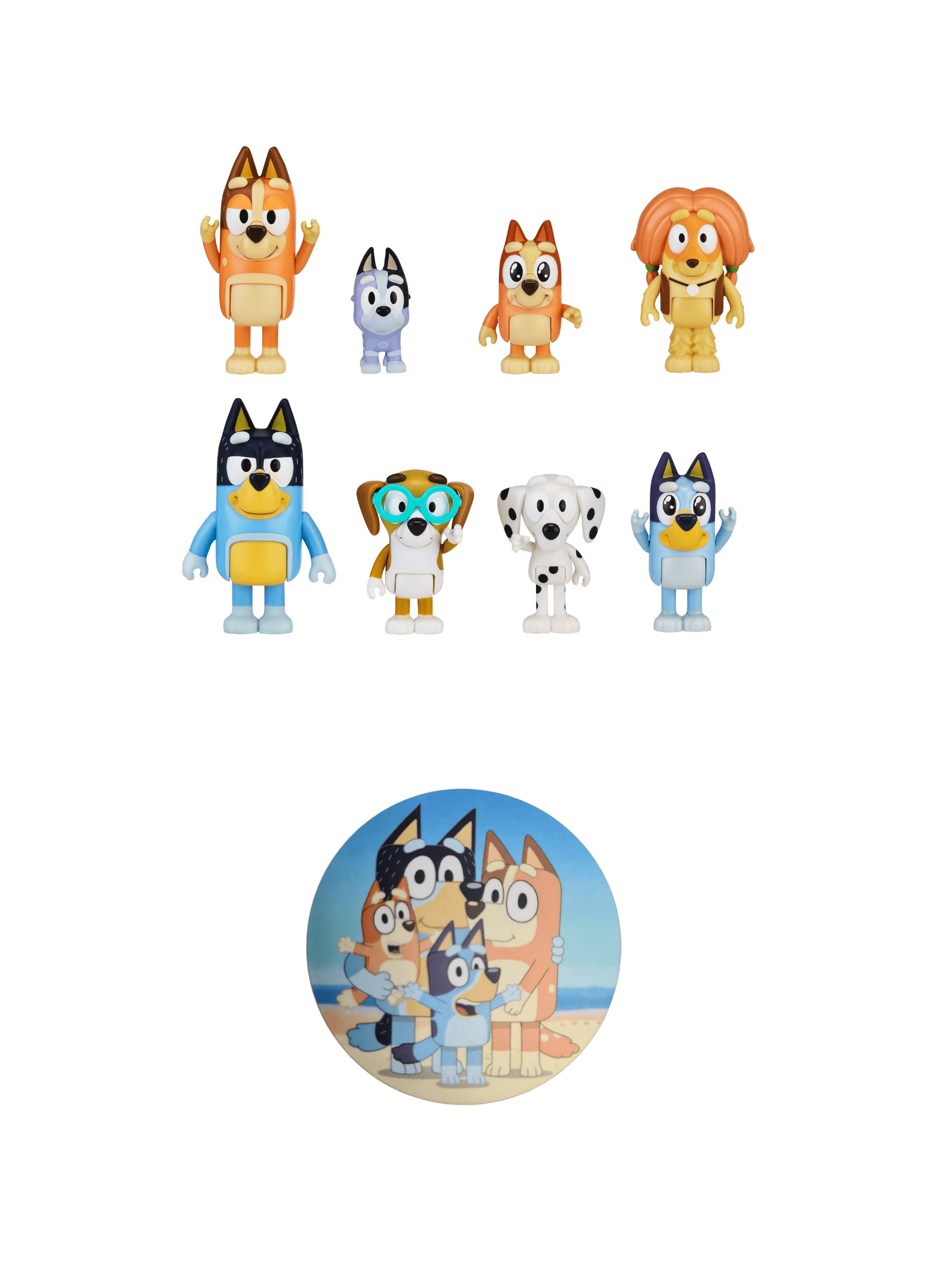 Bluey's Family And Friends Pack.5 3 Bluey, Bingo, Chilli (Mum) And Dad (Bandit), Honey, Socks, Chloe And Indy Figures Plus 1 Sticker