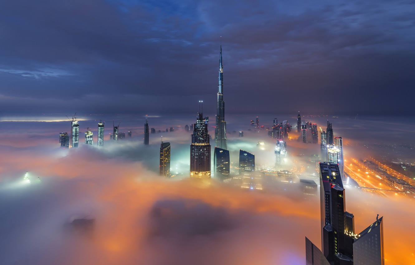 Wallpaper clouds, the city, lights, home, the evening, Dubai, UAE, haze.fog image for desktop, section город