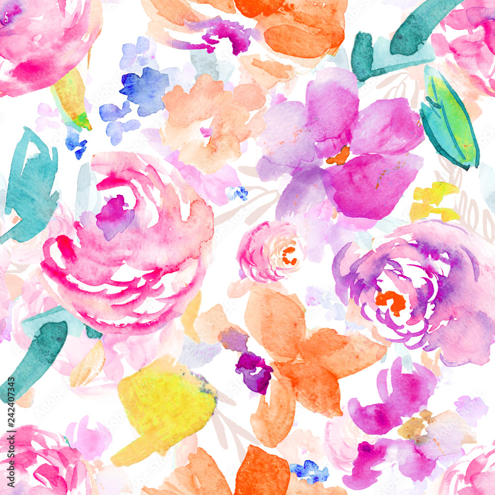 Wild, Colorful Watercolor Flower Pattern. Seamless Background Floral Wallpaper Stock Illustration