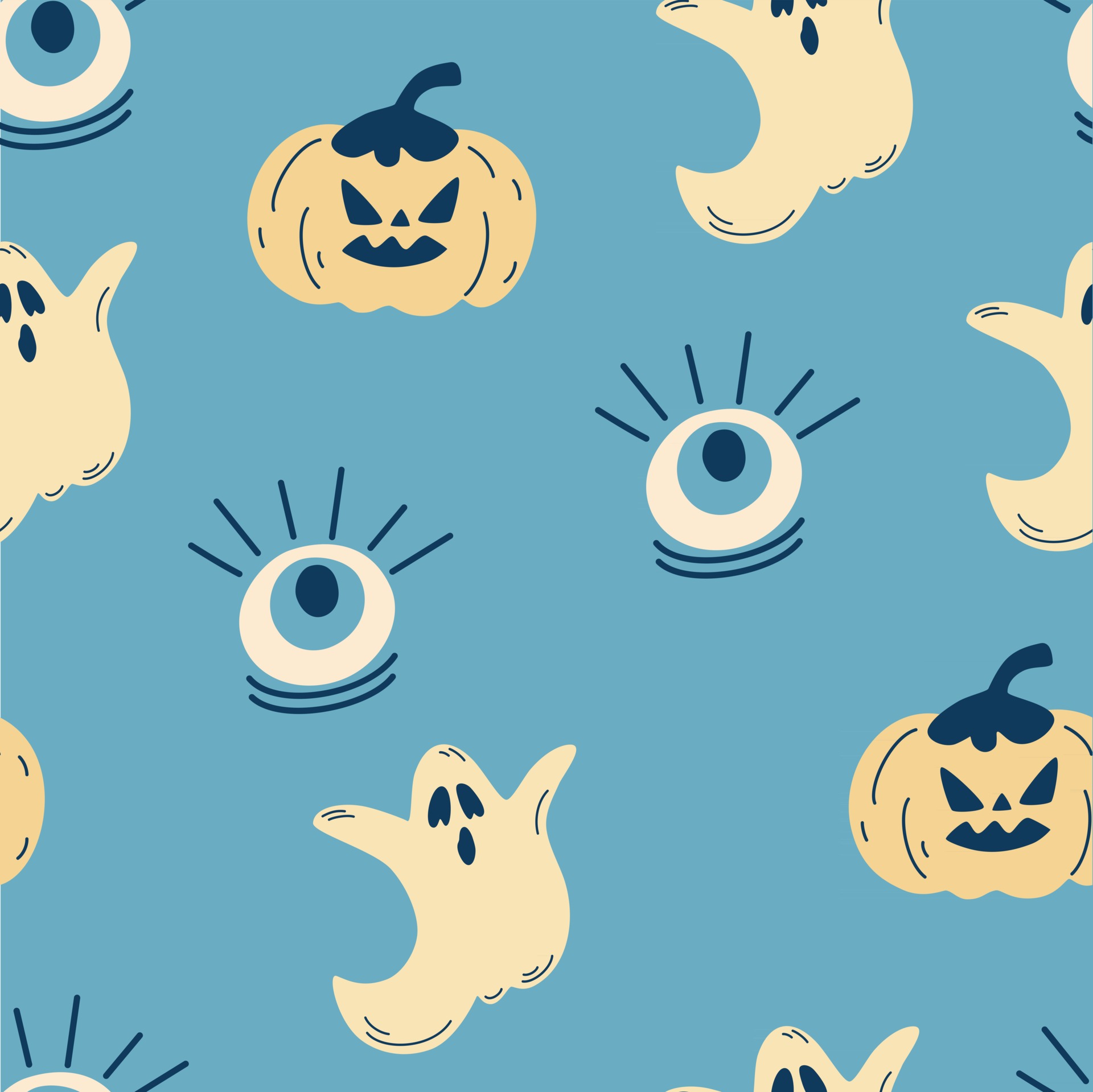 Seamless Pattern For Halloween. Background With Pumpkins, Eyes, And Ghosts. Modern For Halloween Card, Party Invitation, Menu, Wallpaper, Holiday Shop Sale, Bag Print, T Shirt. Vector