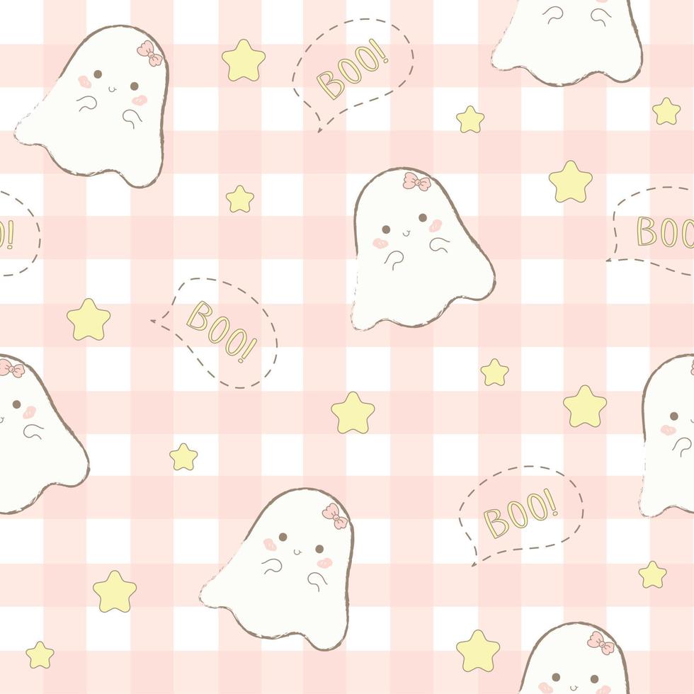 Cute Halloween pattern, cute smiling white ghosts on pastel pink checkered background. Seamless pattern vector illustration