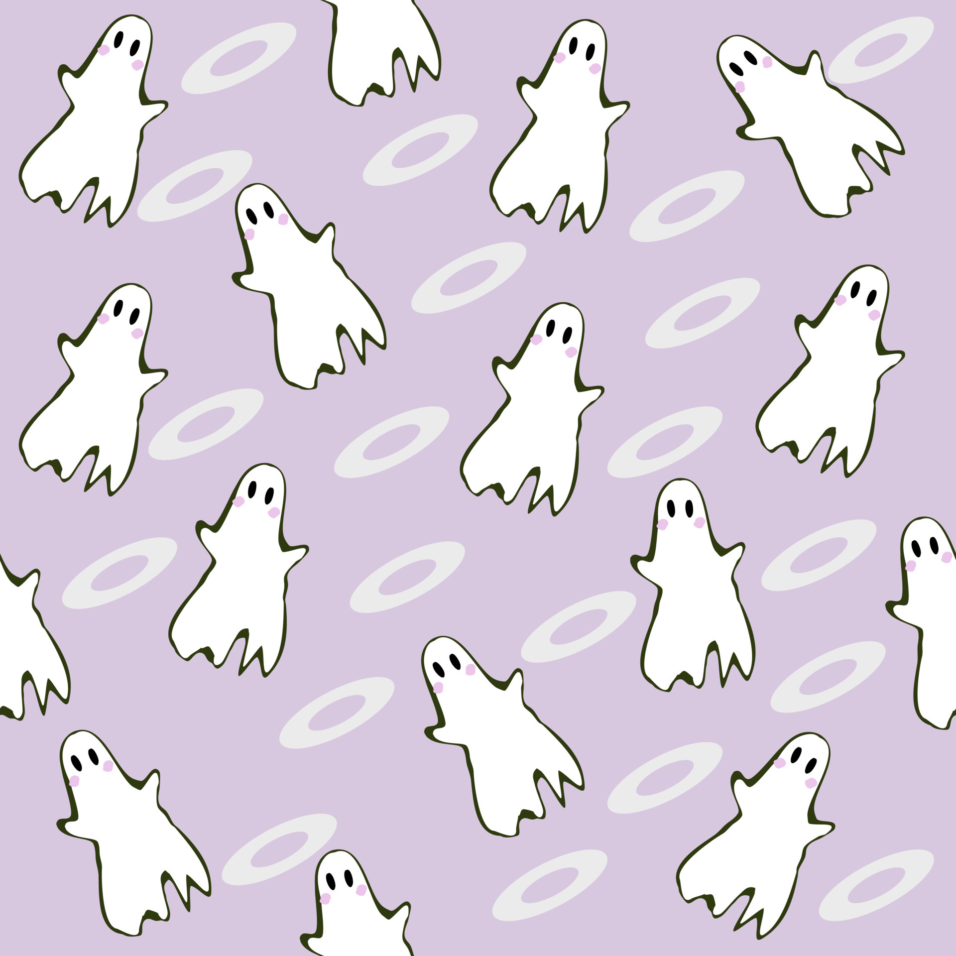 Ghost free line drawing, white Halloween little ghost, oval arrangement on pastel purple background