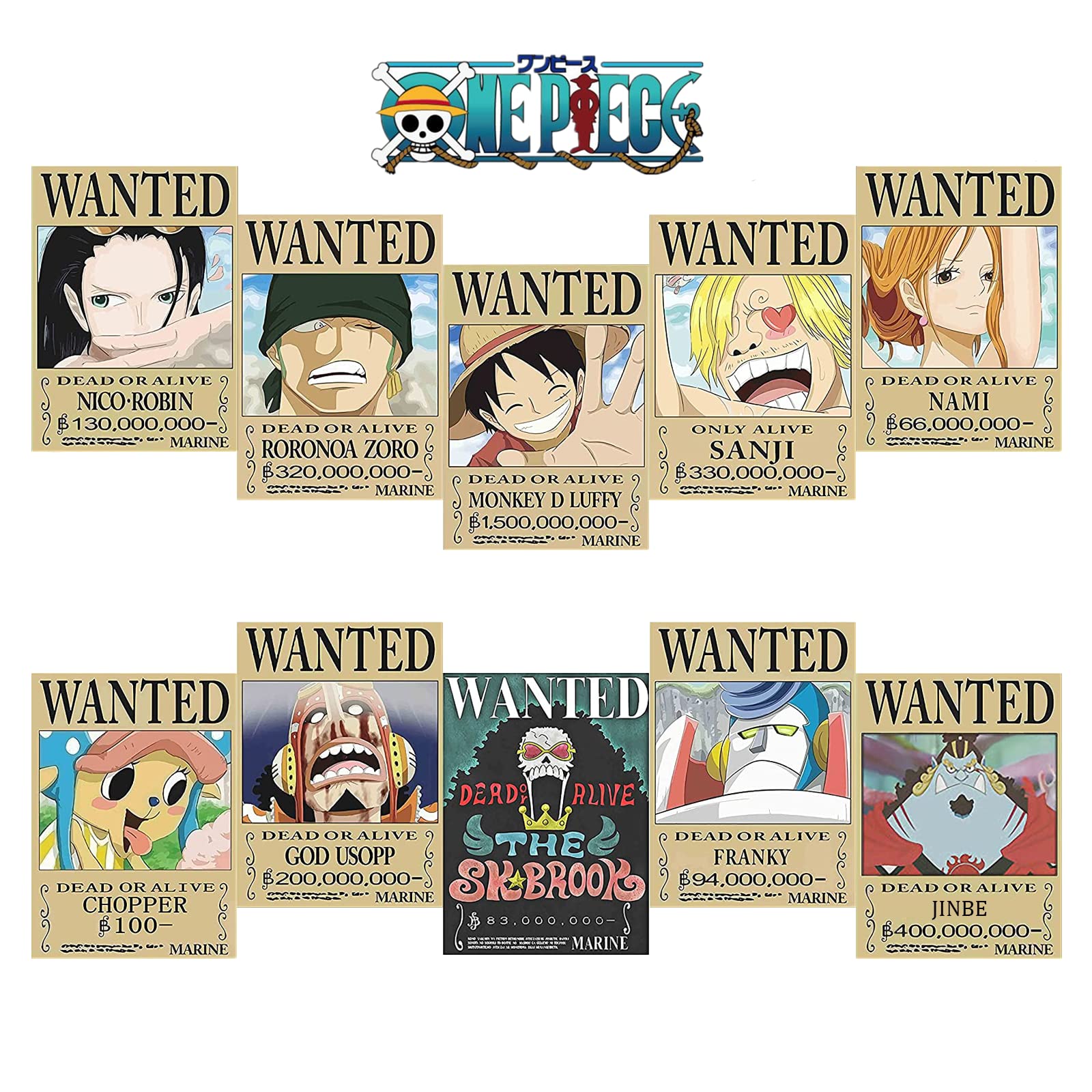 One Piece Pirates Wanted Posters, New Edition Luffy 1.5 Billion Anime Poster Straw Hat Pirates Crew Luffy Chopper Zoro Nami Usopp Sanji Jinbe Franky Brook Robin (10 Pcs), Clothing, Shoes