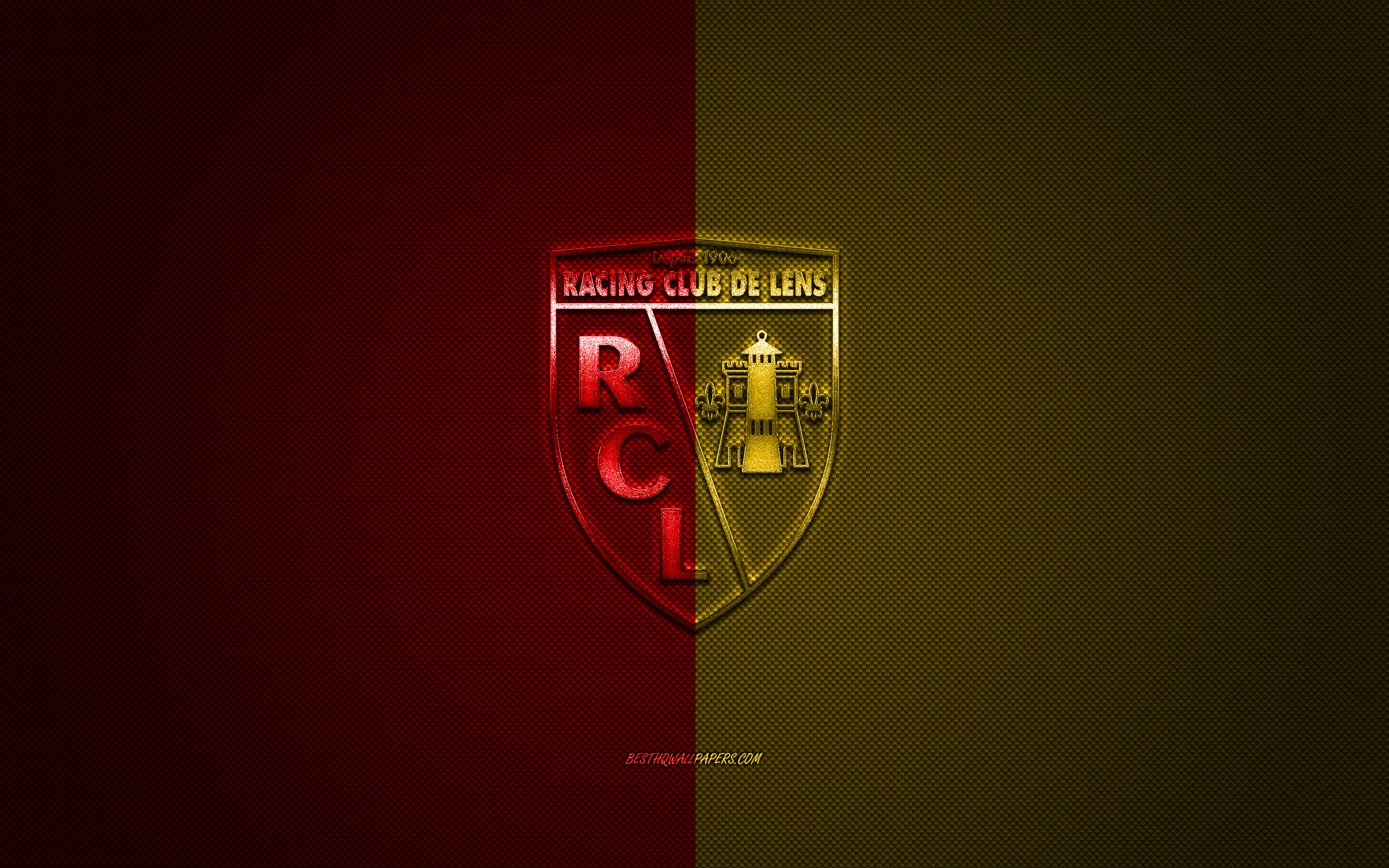 Download wallpaper RC Lens, French football club, Ligue red yellow logo, red yellow carbon fiber background, football, Lens, France, RC Lens logo for desktop with resolution 2560x1600. High Quality HD picture