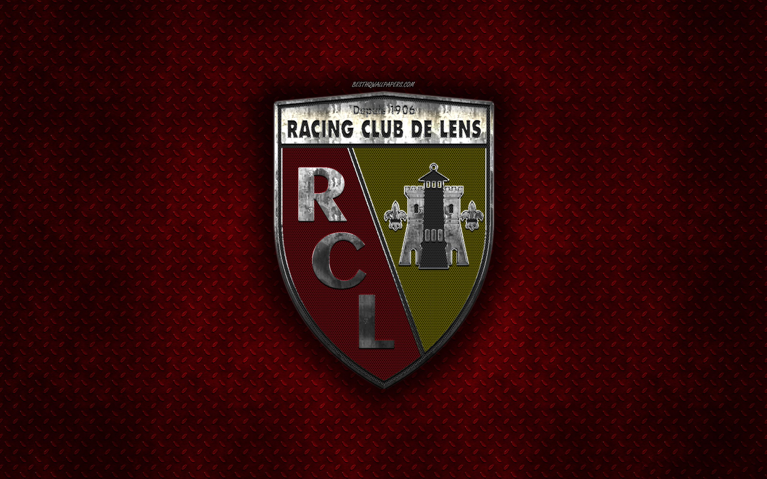 Download wallpaper RC Lens, French football club, red metal texture, metal logo, emblem, Lens, France, Ligue creative art, football for desktop with resolution 2560x1600. High Quality HD picture wallpaper
