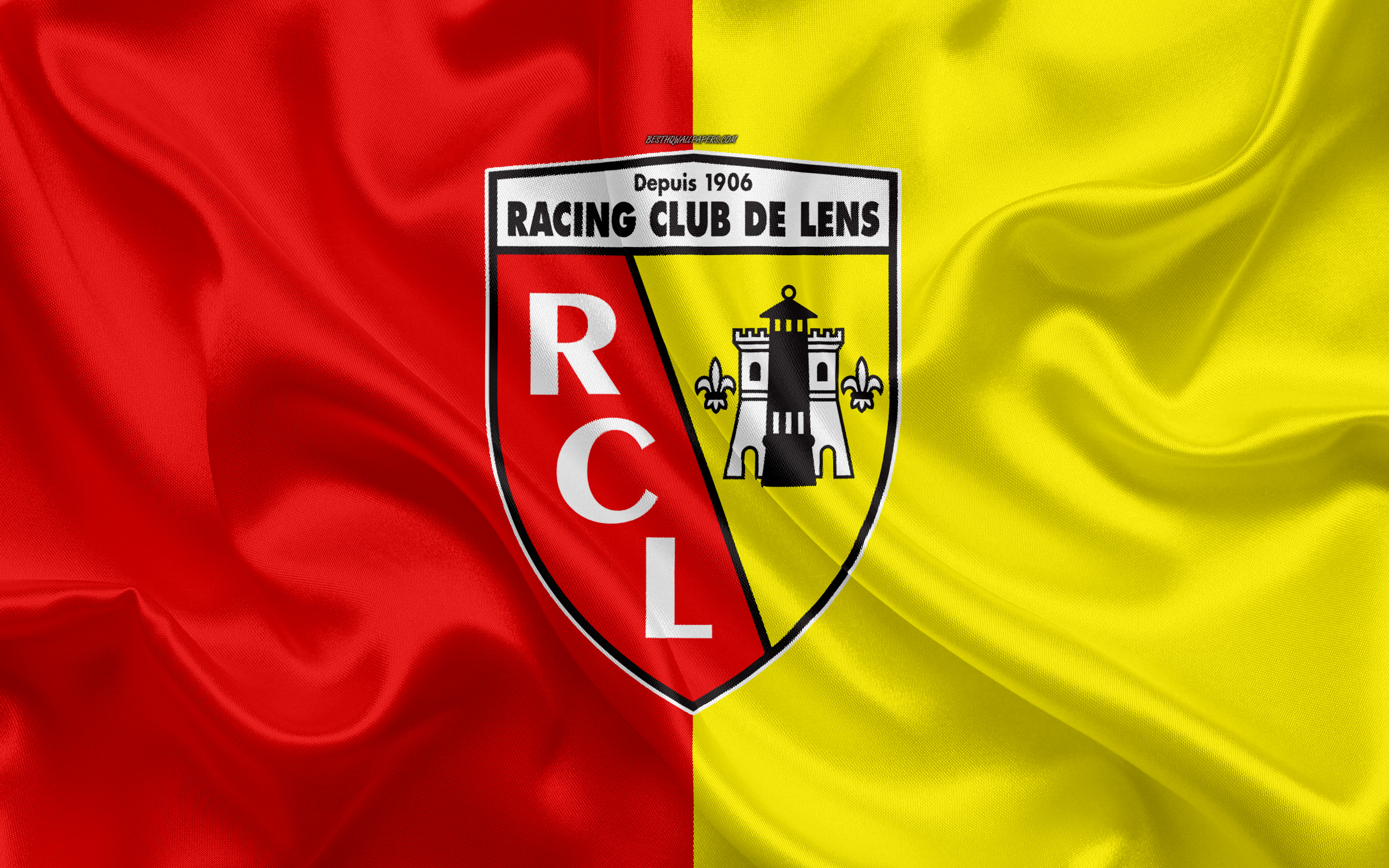 Download wallpaper RC Lens, 4k, silk texture, logo, red yellow silk flag, French football club, emblem, Ligue Lance, France, football, Lens FC for desktop with resolution 3840x2400. High Quality HD picture