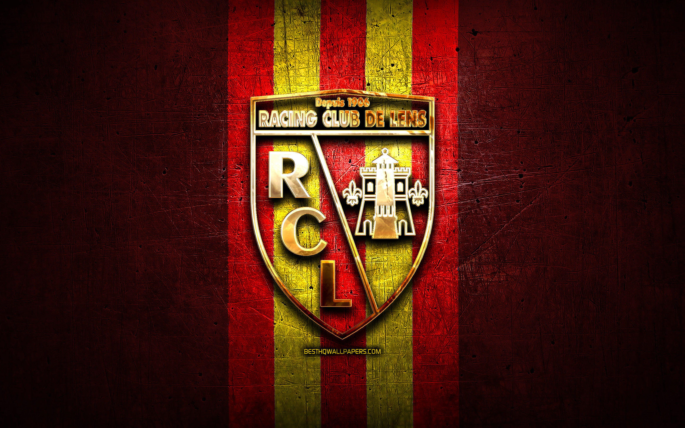Download wallpaper Lens FC, golden logo, Ligue red metal background, football, RC Lens, french football club, Lens logo, soccer, France for desktop with resolution 2880x1800. High Quality HD picture wallpaper