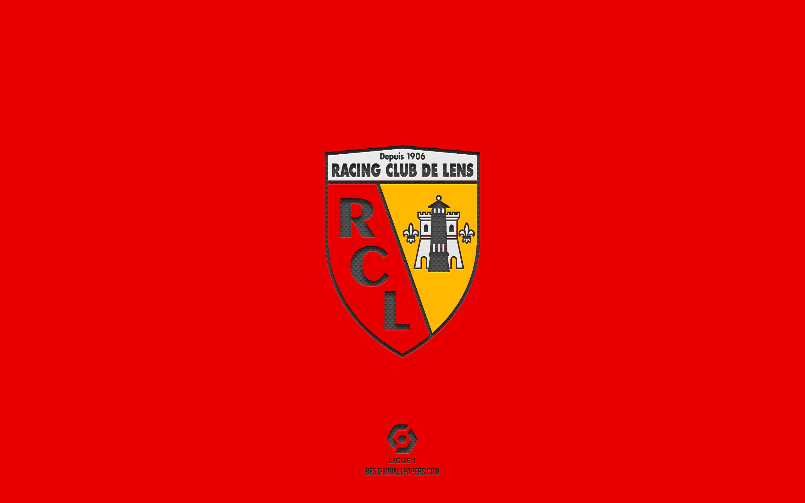 Download wallpaper RC Lens, red background, French football team, RC Lens emblem, Ligue Lens, France, football, RC Lens logo for desktop with resolution 2560x1600. High Quality HD picture wallpaper