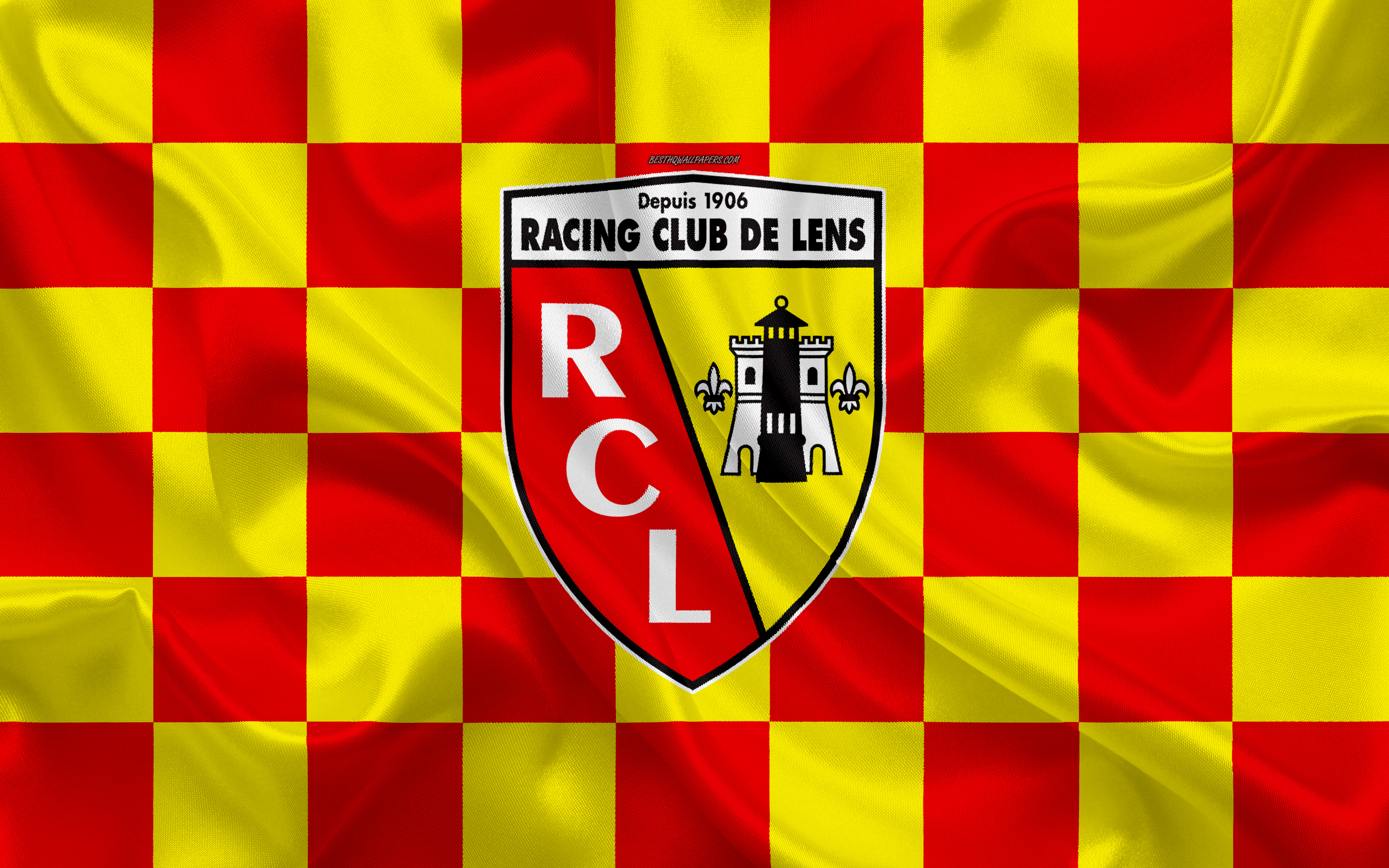 Download Wallpaper RC Lens, 4k, Logo, Creative Art, Yellow Red Checkered Flag, French Football Club, Ligue New Emblem, Silk Texture, Lens, France, Football For Desktop With Resolution 3840x2400. High Quality HD Picture