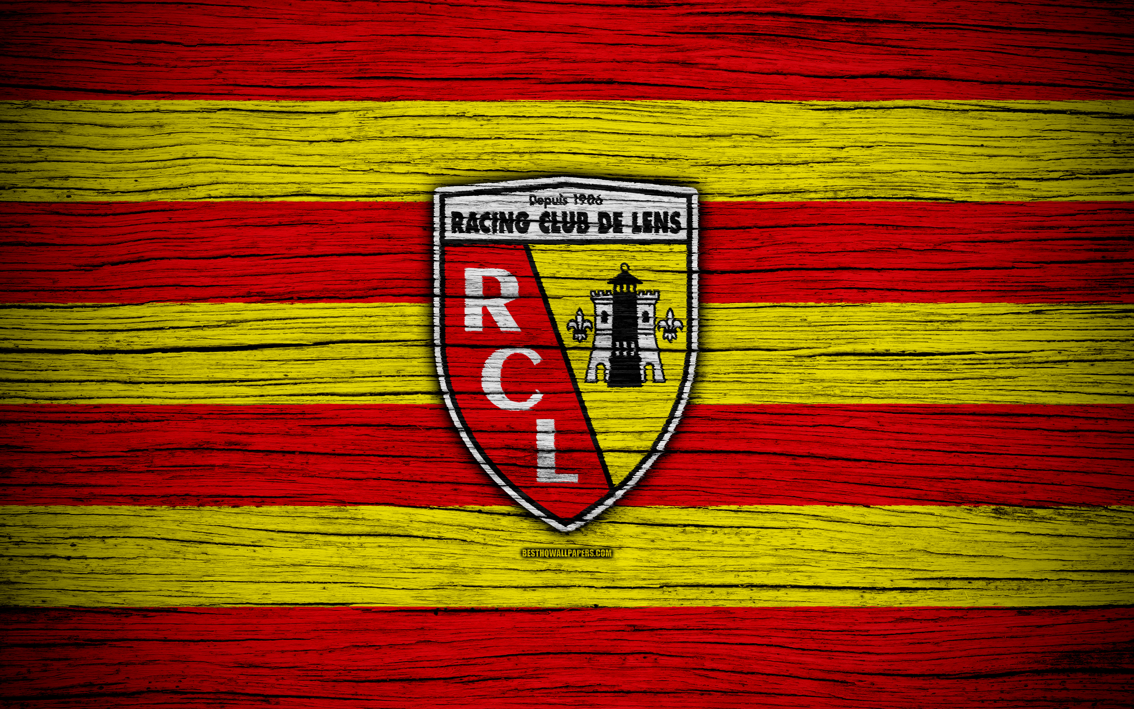 Download wallpaper Lens FC, 4k, Ligue football, wooden texture, France, RC Lens, soccer, football club, Liga FC Lens for desktop with resolution 3840x2400. High Quality HD picture wallpaper