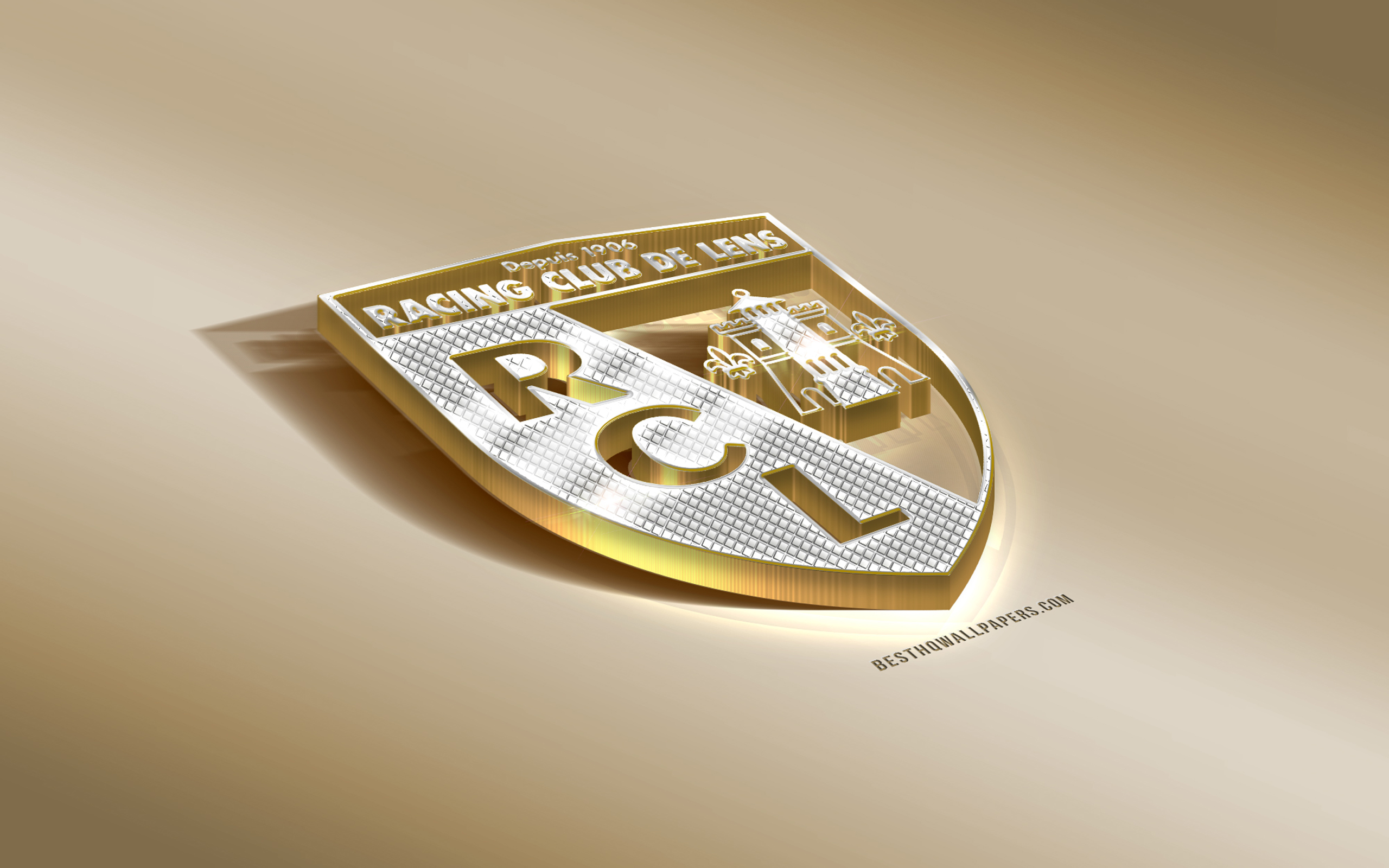 Download wallpaper RC Lens, French football club, golden silver logo, Lens, France, Ligue 3D golden emblem, creative 3D art, football, Racing club de Lens for desktop with resolution 2560x1600. High Quality