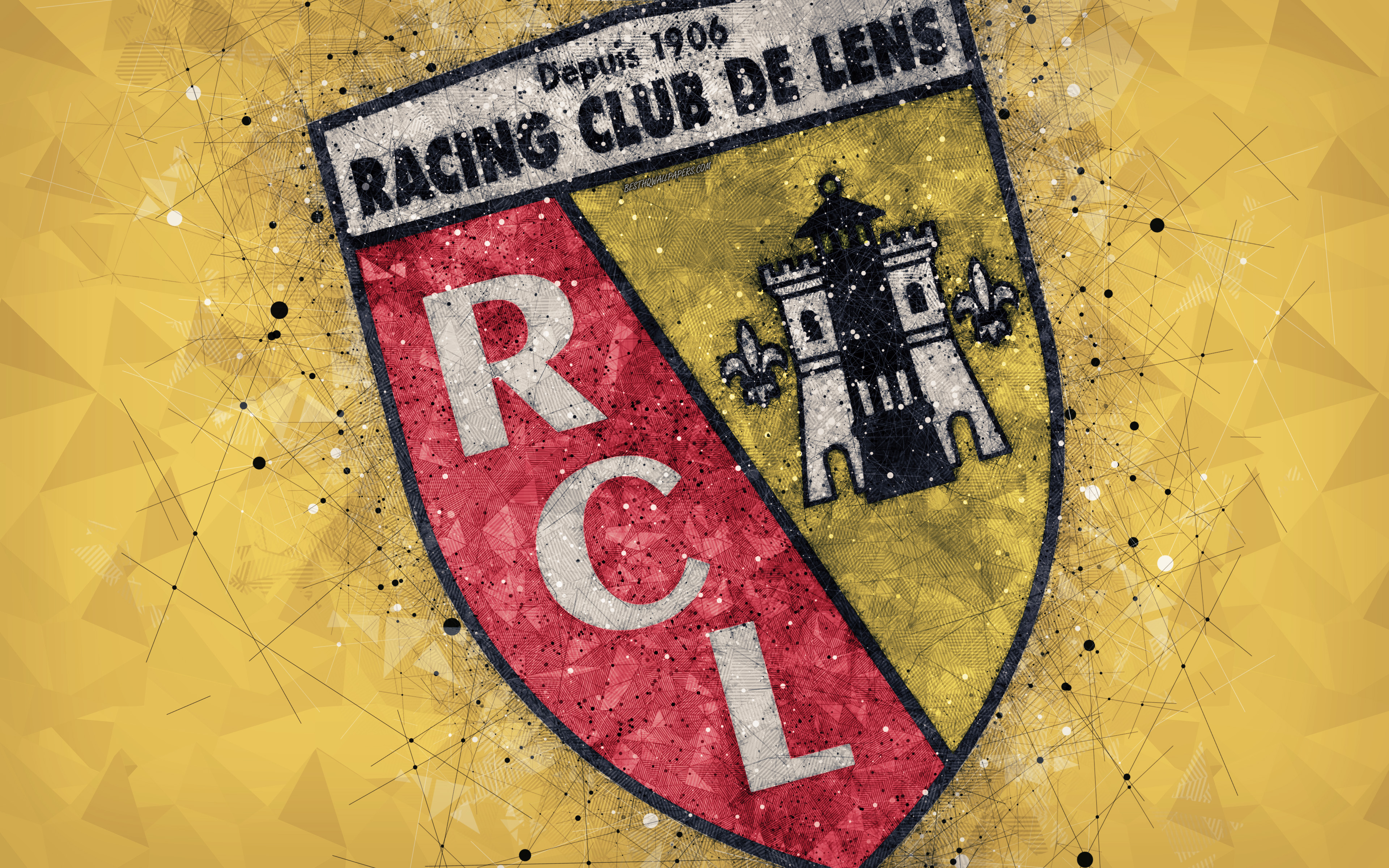 Download wallpaper RC Lens, 4k, logo, geometric art, French football club, yellow abstract background, Ligue Lens, France, football, creative art, Racing Club de Lens for desktop with resolution 3840x2400. High Quality