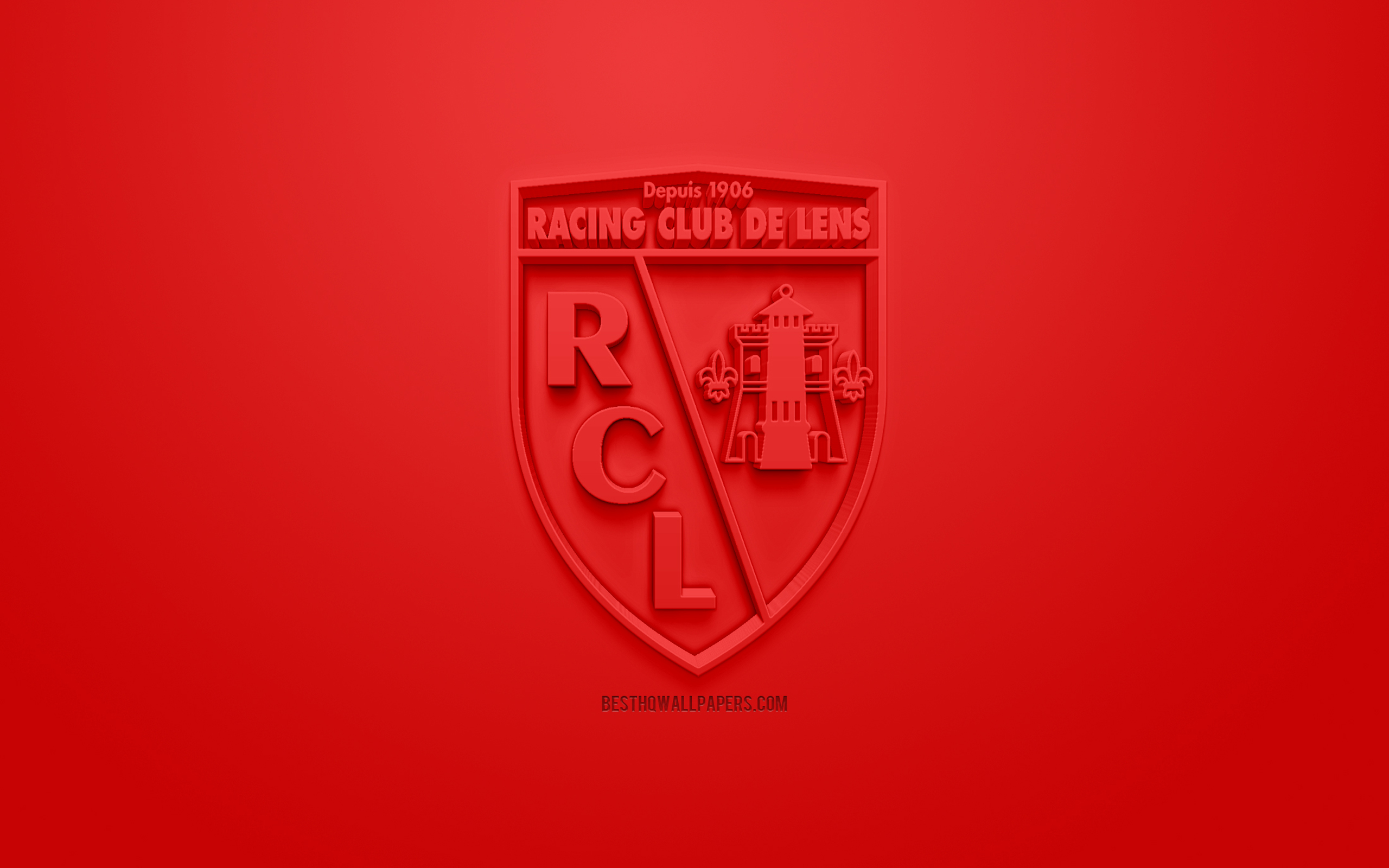 Download wallpaper RC Lens, creative 3D logo, red background, 3D emblem, French football club, Ligue Lens, France, 3D art, football, stylish 3D logo for desktop with resolution 2560x1600. High Quality HD