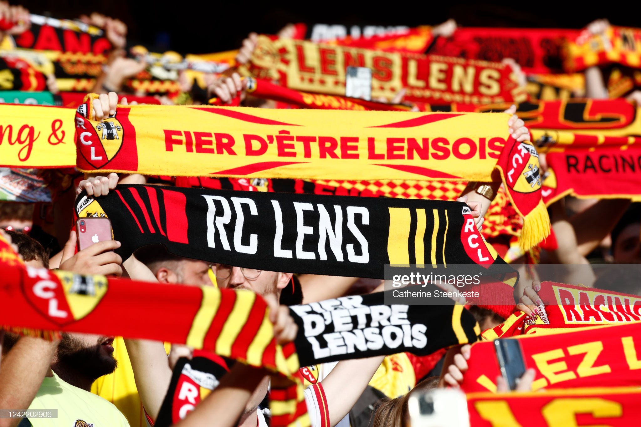 Fans of RC Lens cheers for their team during the Friendly match. News Photo