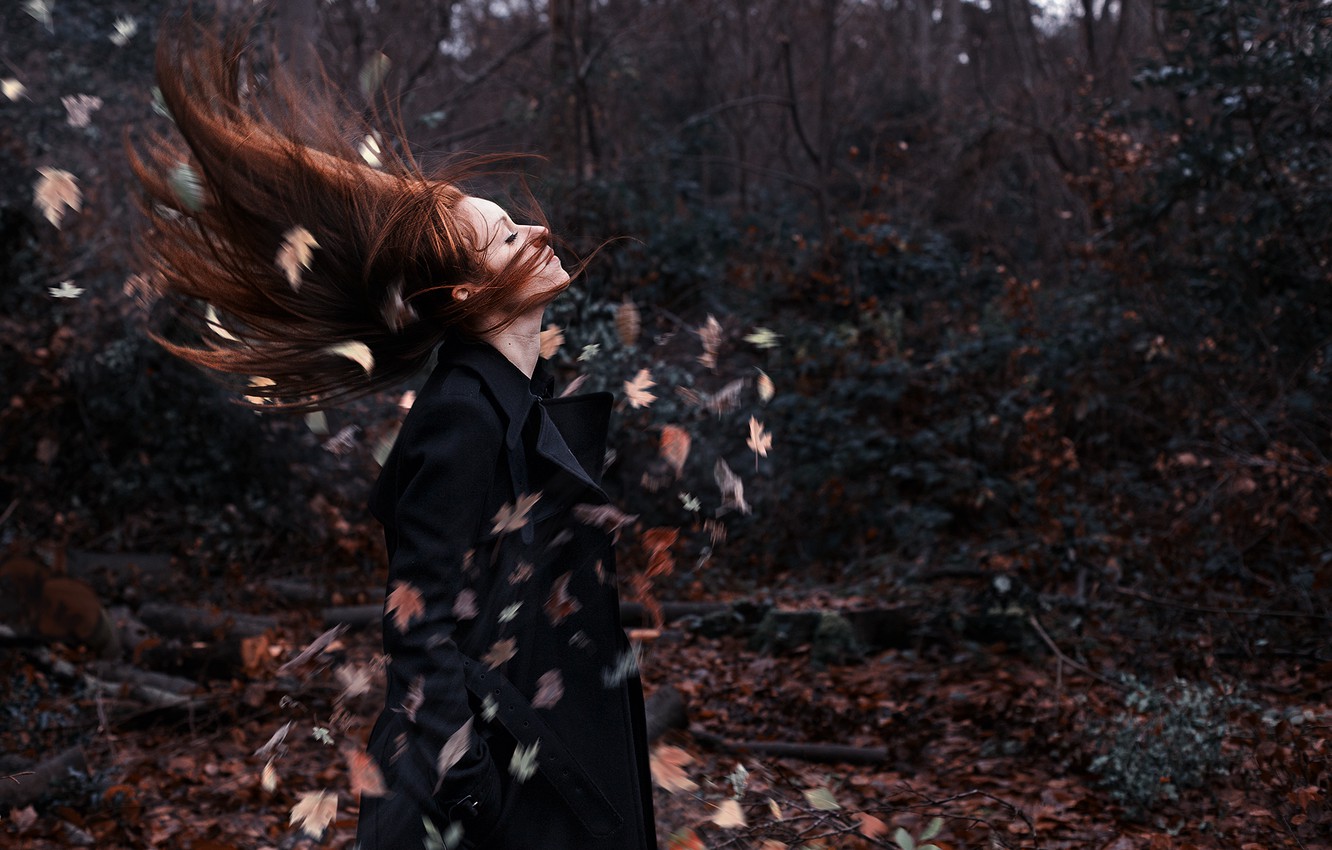 Wallpaper autumn, leaves, girl, hair, girl, forest, autumn, leafs, hear image for desktop, section девушки