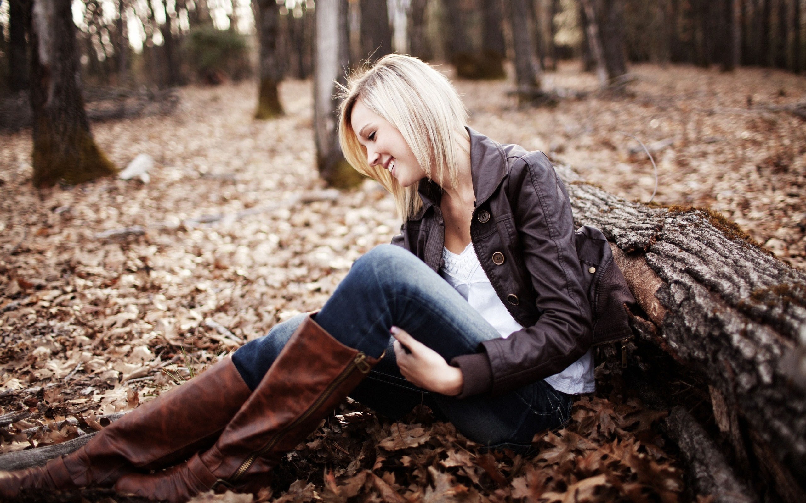 Autumn Leaf Forest Blonde Girl Smile Photo