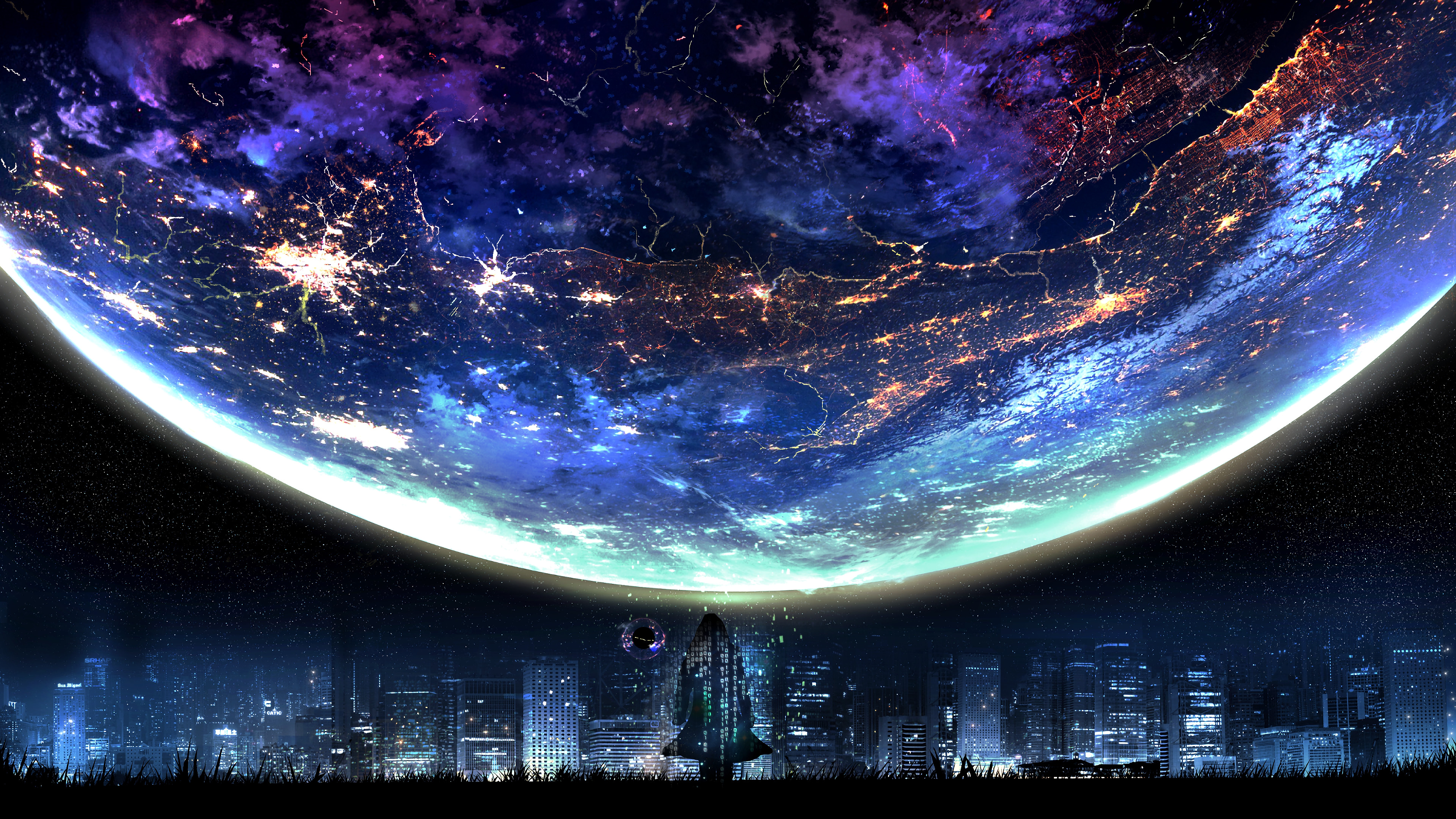 Planet Night City Landscape Scenery Anime 4K Wallpaper