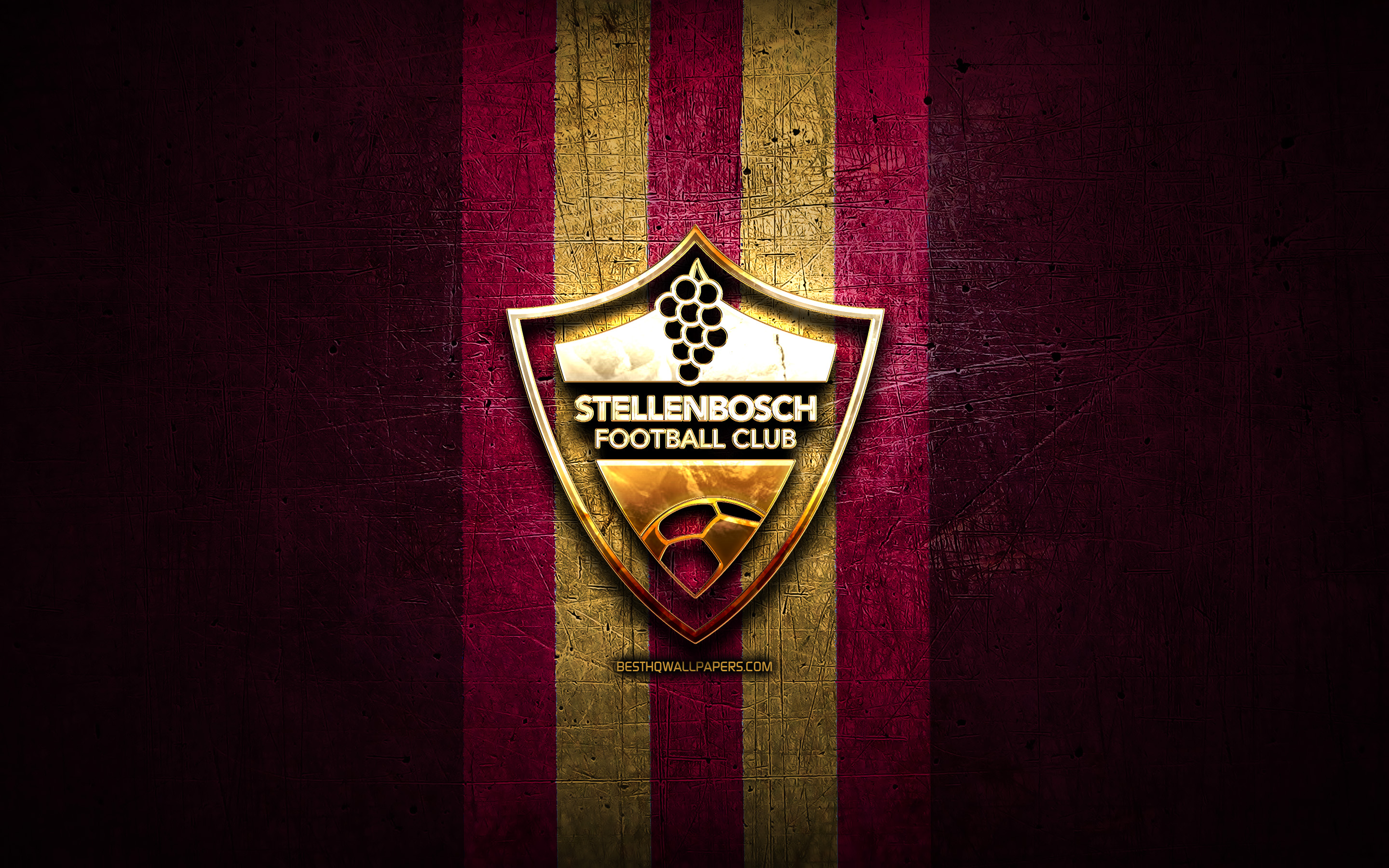 Download wallpaper Stellenbosch FC, golden logo, Premier Soccer League, purple metal background, football, Stellenbosch, PSL, South African football club, Stellenbosch logo, soccer, South Africa for desktop with resolution 2880x1800. High Quality HD