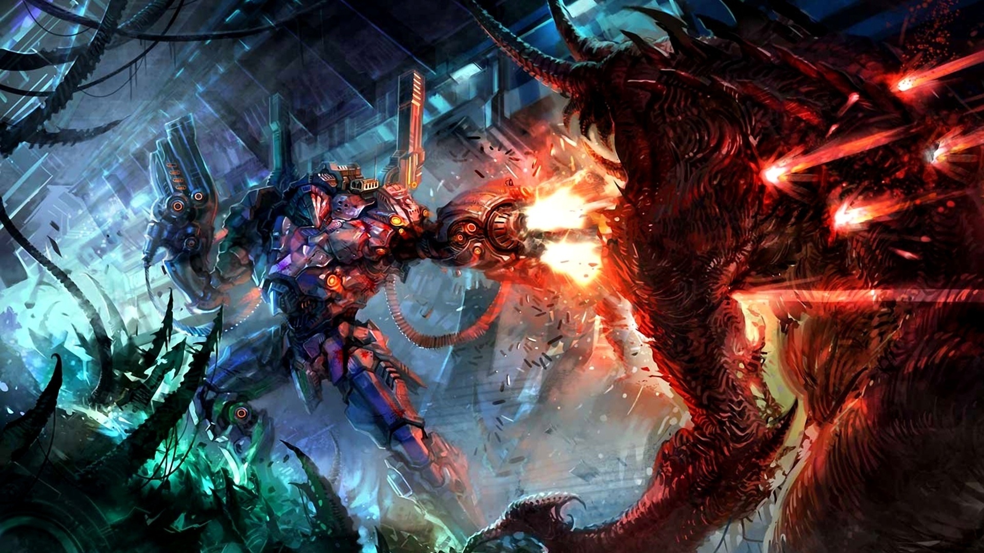 battles, Monsters, Robot, Firing, Fantasy, Warrior, Fire, Battle, Sci fi Wallpaper HD / Desktop and Mobile Background