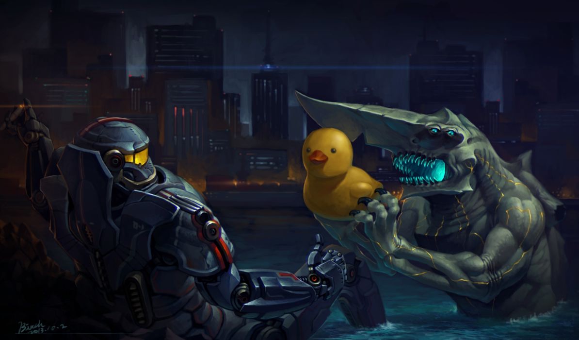 Art robot monster bay lake city duck humor warrior armor wallpaperx1425