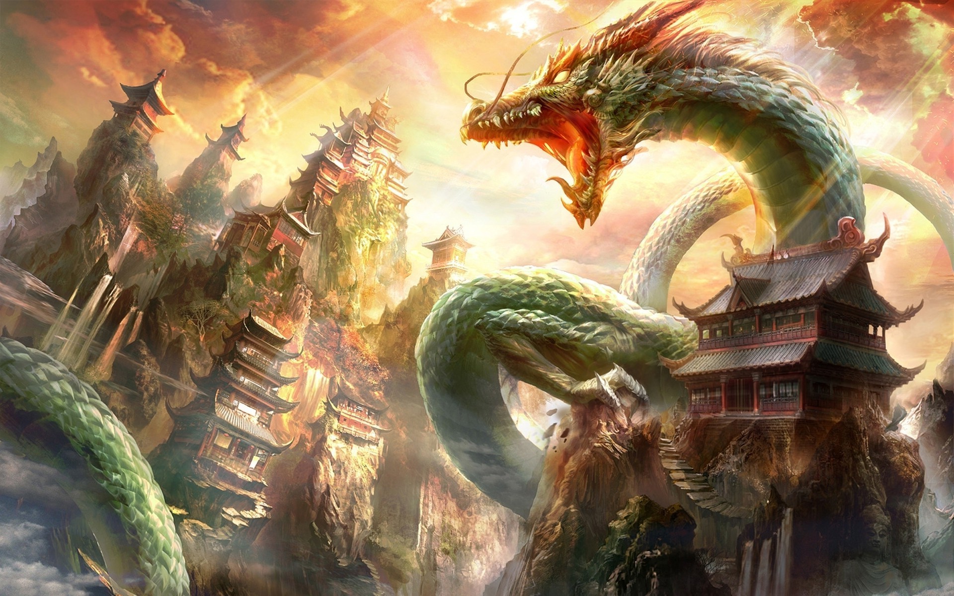 fantasy Art, Dragon, Chinese Architecture Wallpaper HD / Desktop and Mobile Background