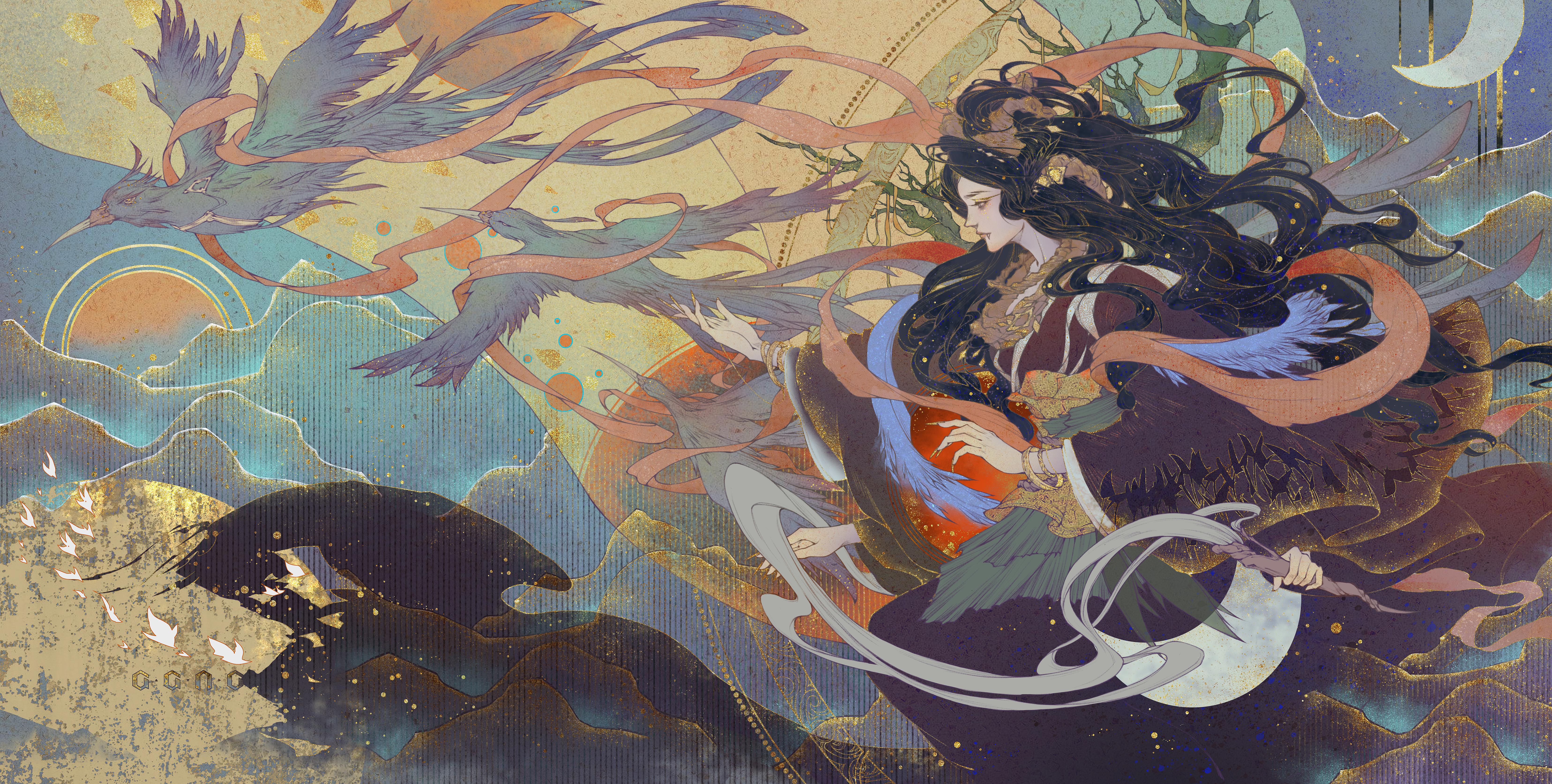 MiaYang Chinese Clothing Illustration Chinese Mythology Women Animals Myth Birds Sun Mountains Digit Wallpaper:6624x3348