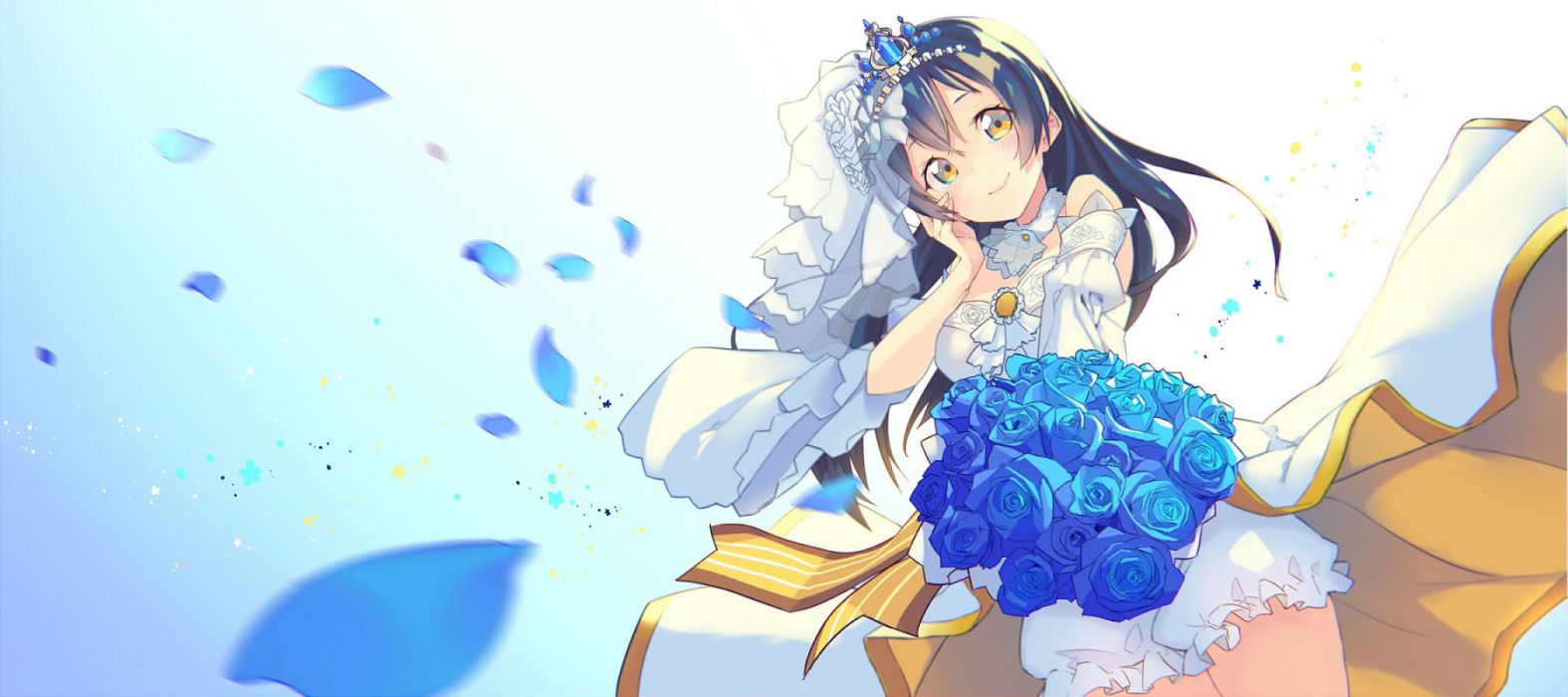 Flowers headdress long hair love live! school idol project petals rose sonoda umi wedding attire yellow eyes yoo (tabi no shiori) wallpaperx900