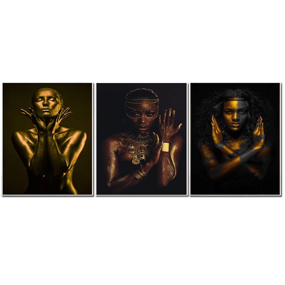 HinchJone African American Women Wall Art Photo Set of 3 Black Fashion Girl Gold Accents Canvas Print Art (8x10) for Girls Living Room Bedroom Decoration, No Frame: Posters & Prints