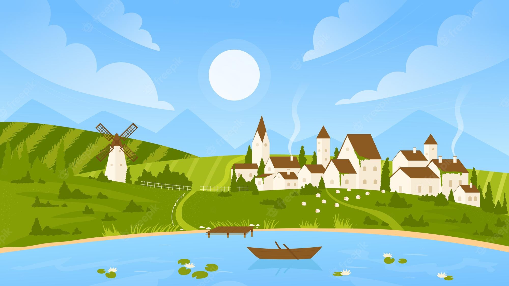 Premium Vector. Summer sunny day landscape countryside village scenery with farm houses wind mill lake