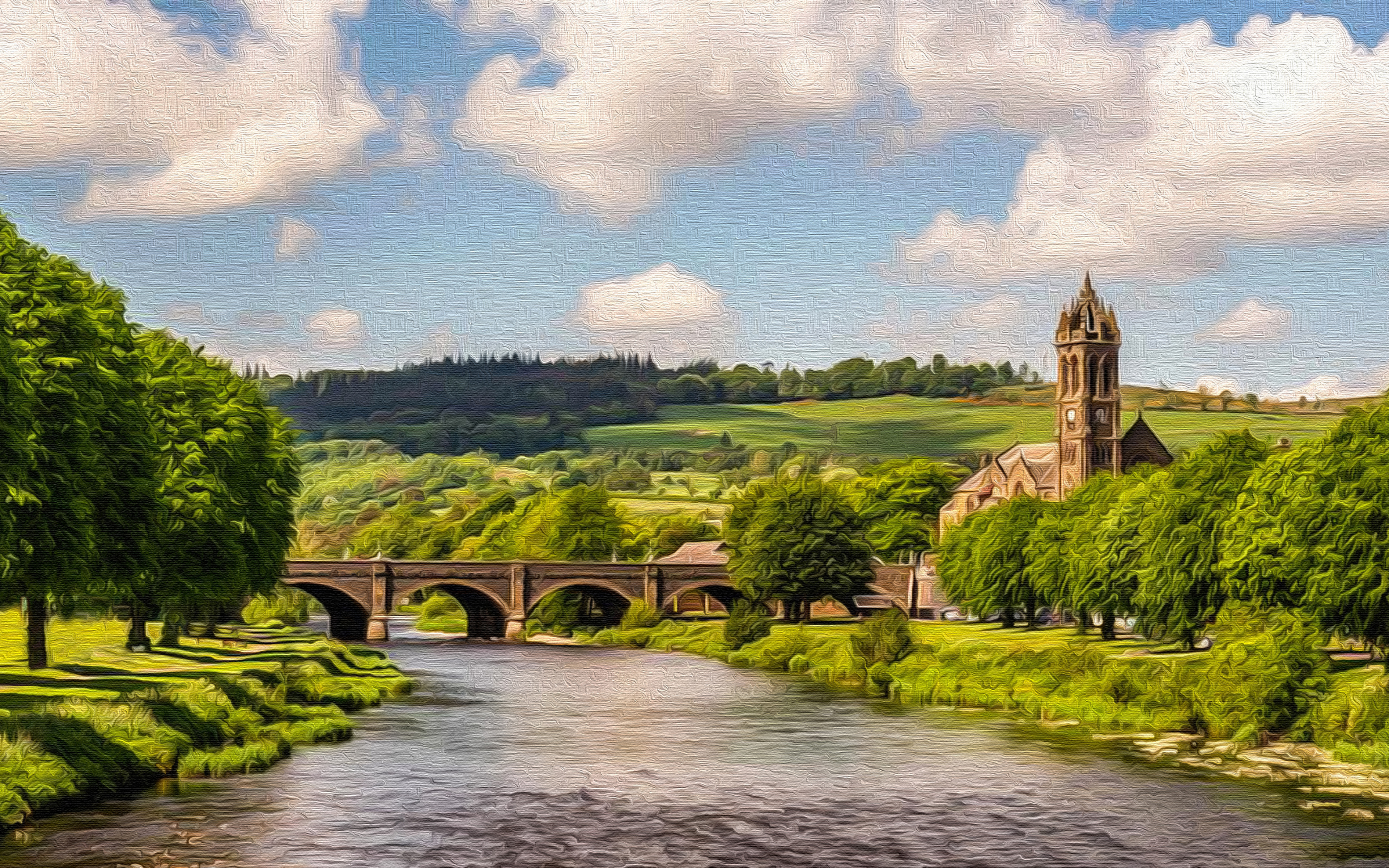Download wallpaper Peebles, 4k, summer, bridge, oil painting, Scotland, United Kingdom for desktop with resolution 3840x2400. High Quality HD picture wallpaper