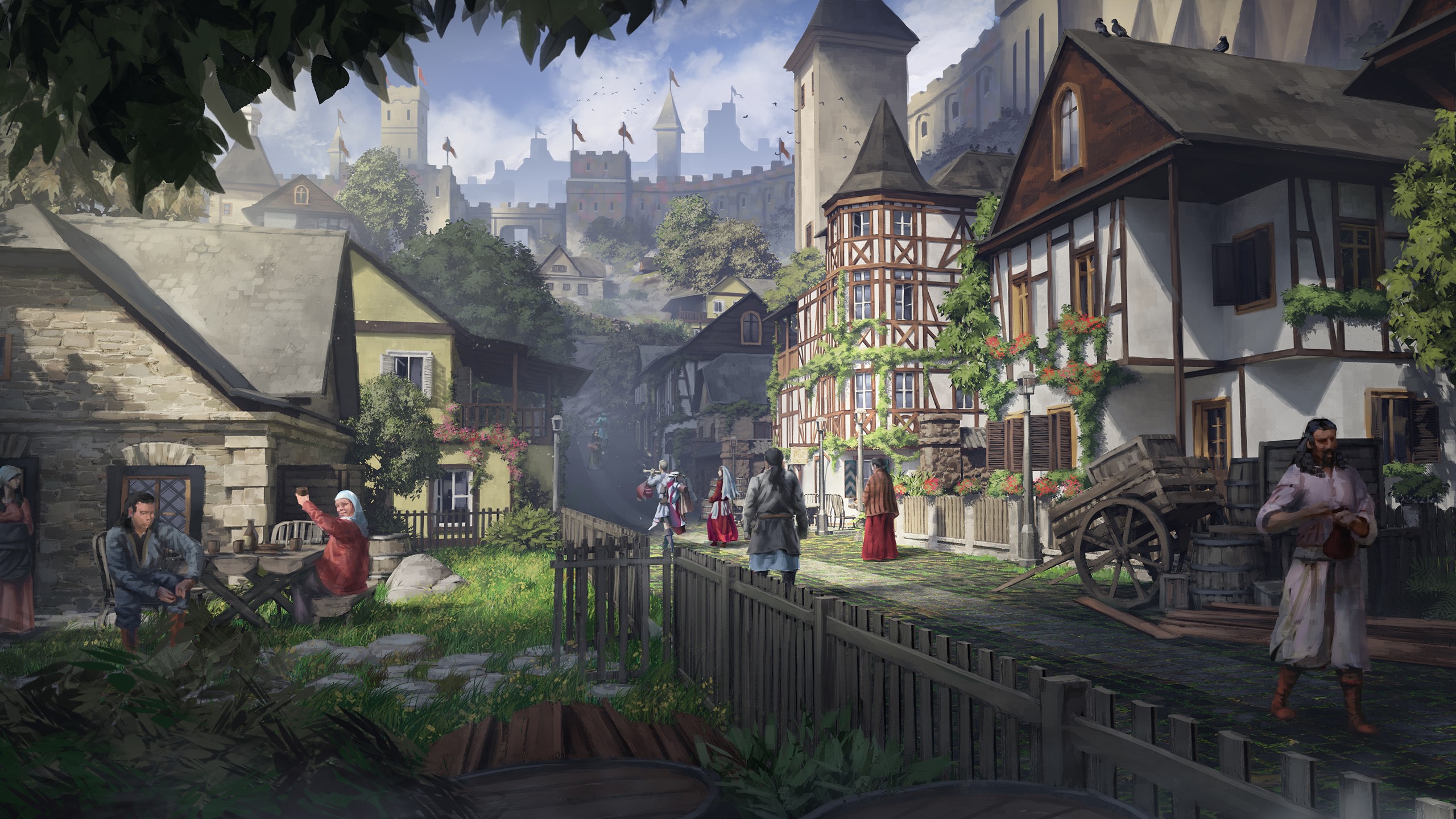 castle, architecture, town, digital, fantasy architecture, people, medieval, street, fantasy art, city Gallery HD Wallpaper