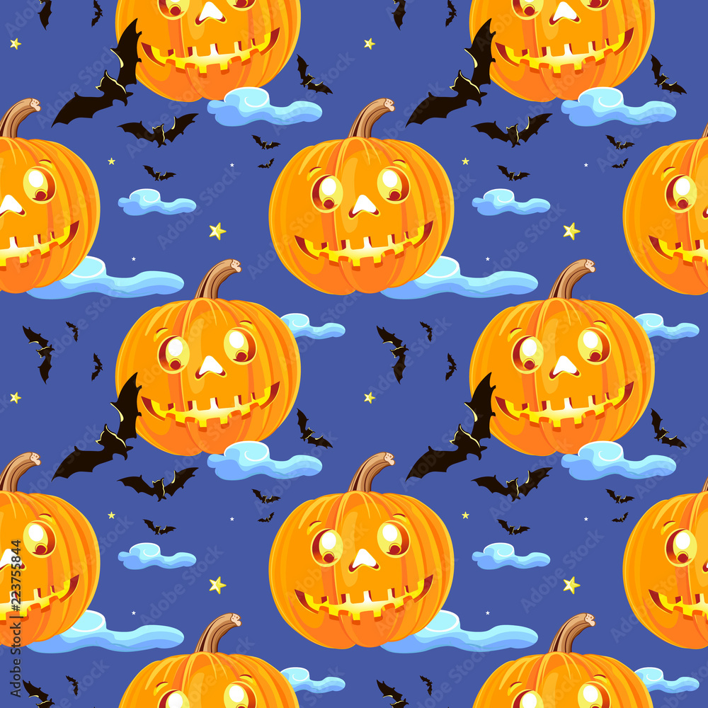 Pumpkin and bats vector seamless Pattern Halloween wallpaper background cartoon. Stock Vector