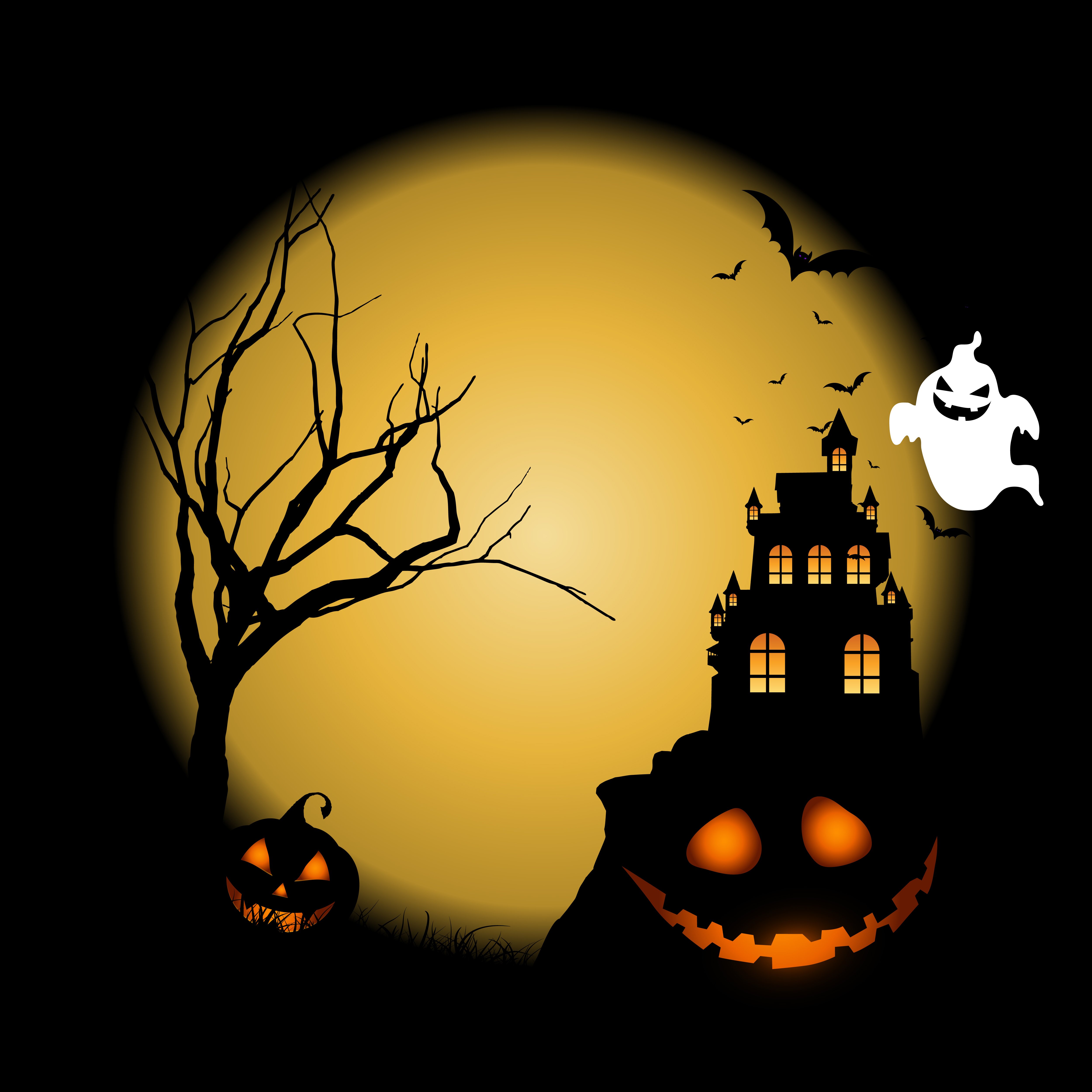 Halloween background with pumpkins against castle landscape