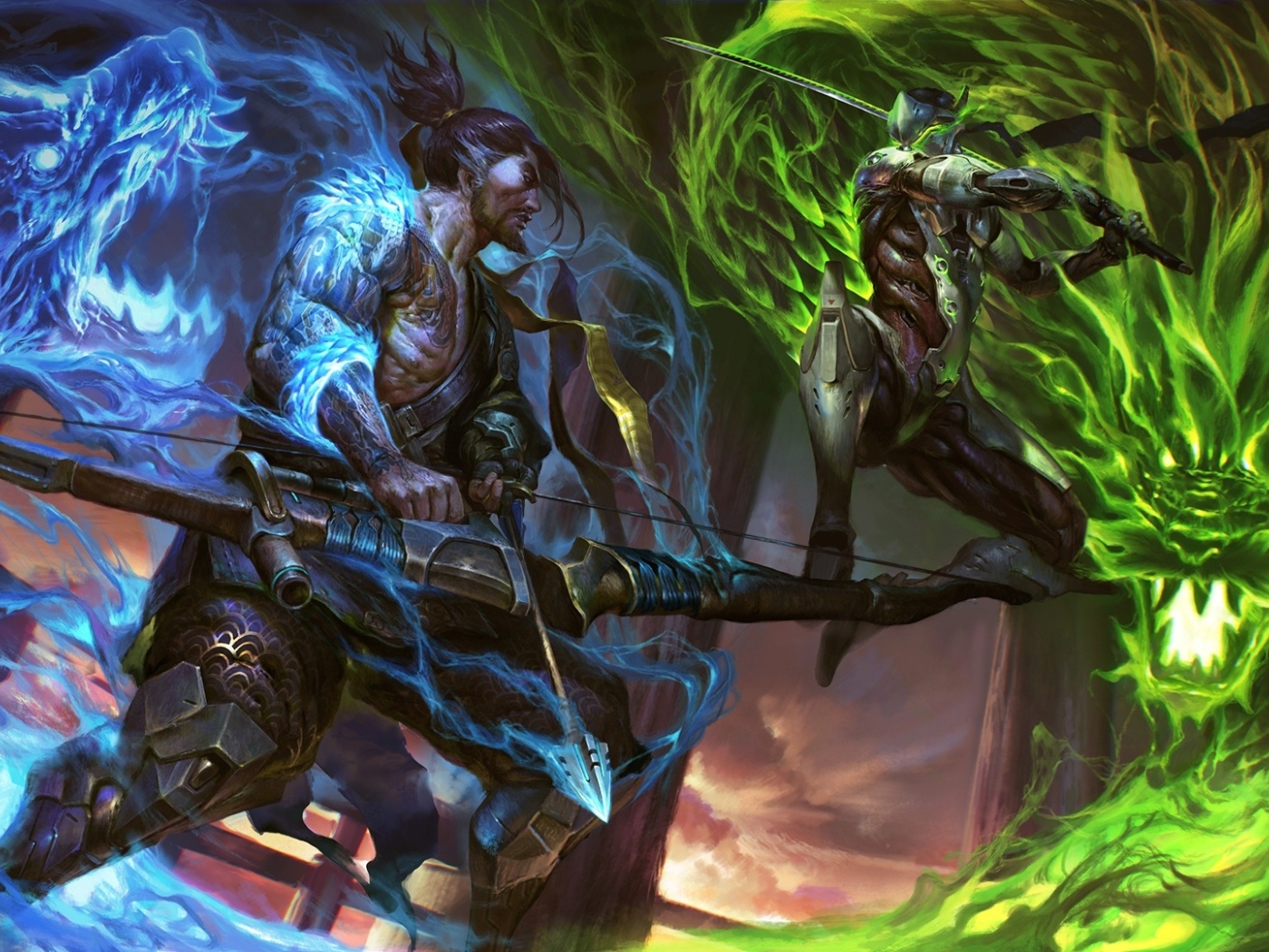 Wallpaper Artwork, Hanzo, Bow, Fight, Sword, Arrow, Overwatch, Genji:1980x1080