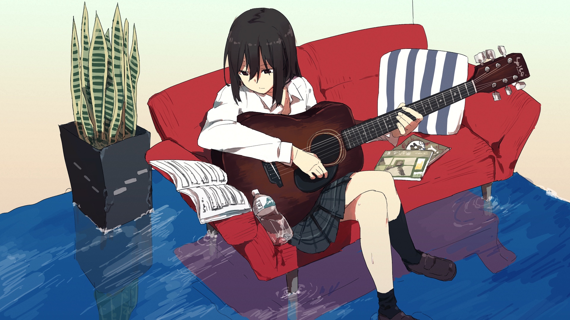 Desktop Wallpaper Guitar, Play, Anime Girl, Sofa, Original, HD Image, Picture, Background, Q9kvn